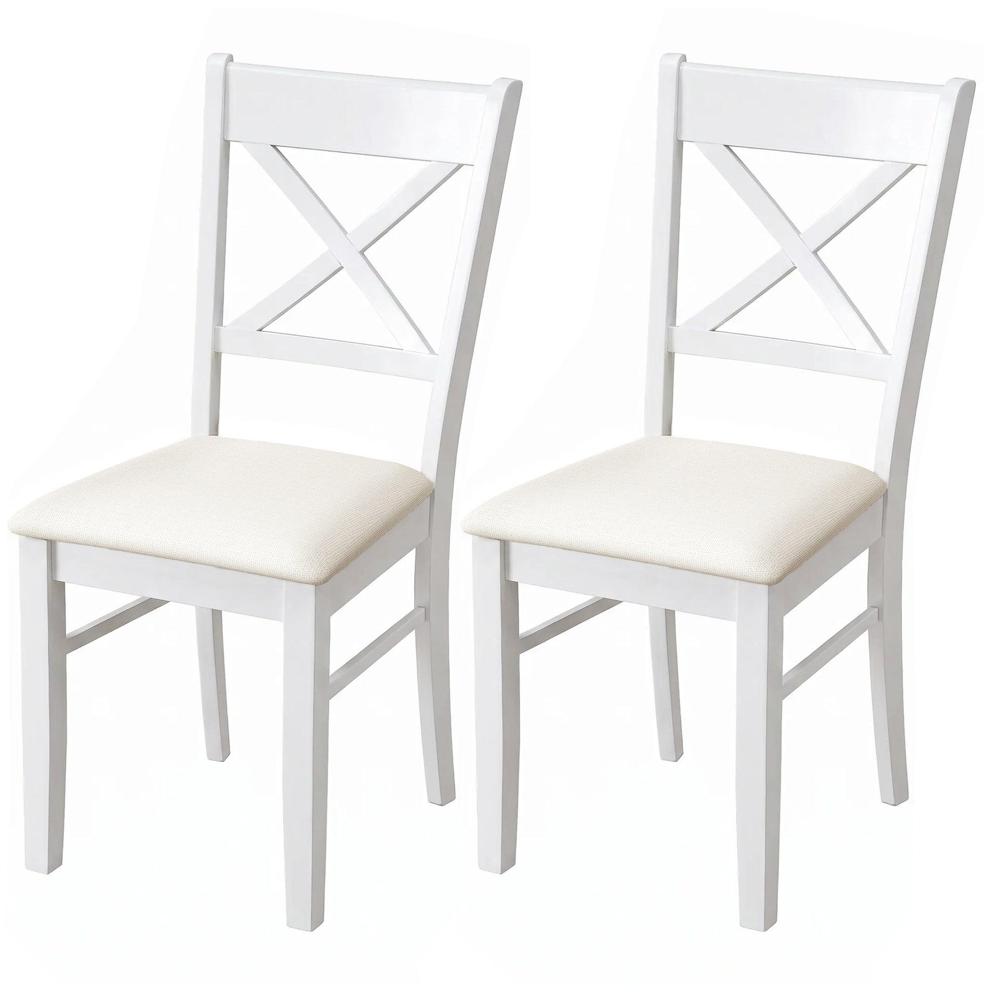 HOMCOM Dining Chairs Set of 2, Upholstered Kitchen Chairs with Rubberwood Frame, Padded Seat and X-Back, White