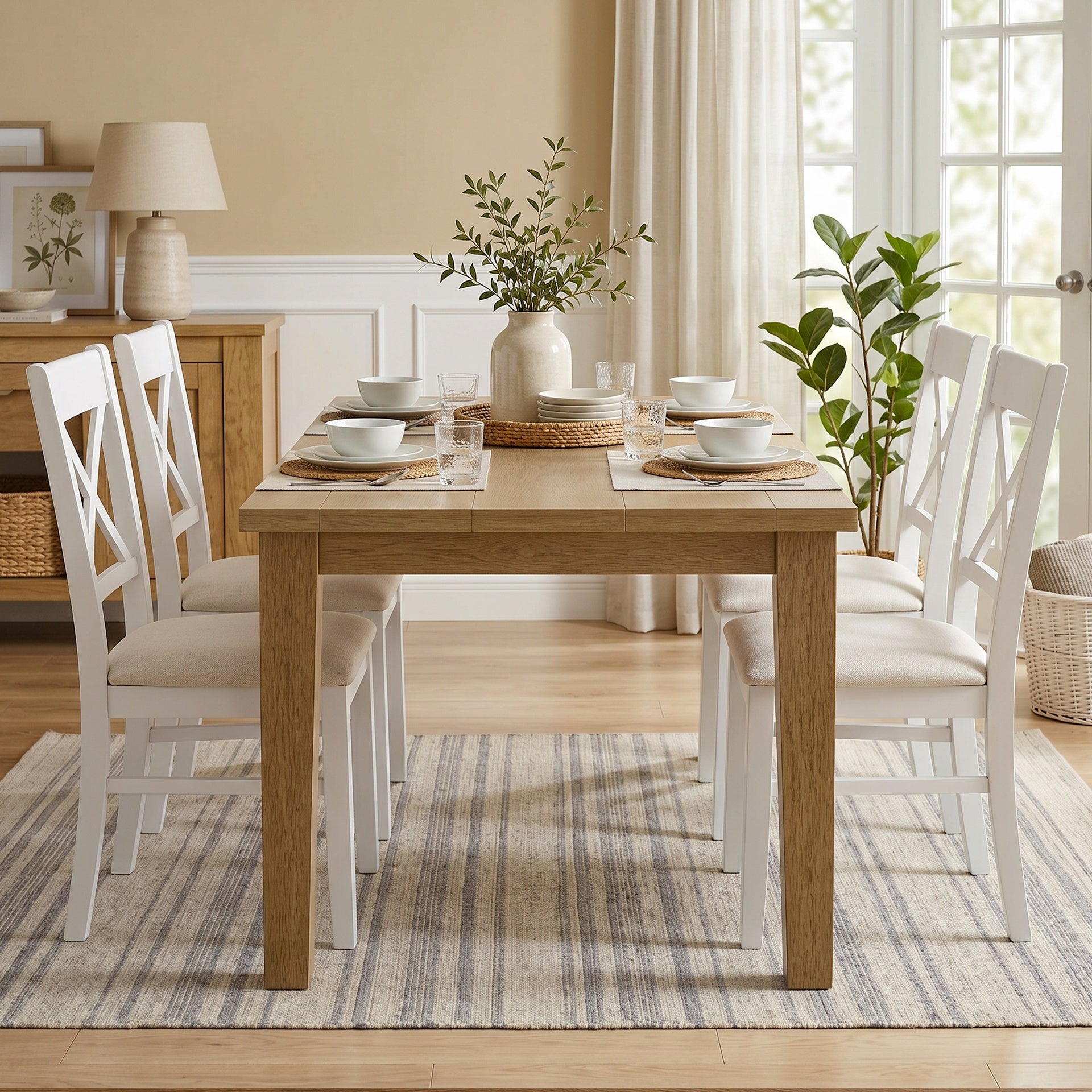 HOMCOM Dining Chairs Set of 2, Upholstered Kitchen Chairs with Rubberwood Frame, Padded Seat and X-Back, White