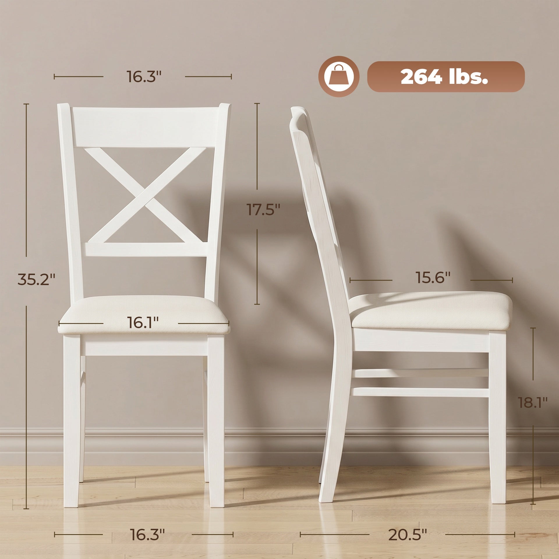 HOMCOM Dining Chairs Set of 2, Upholstered Kitchen Chairs with Rubberwood Frame, Padded Seat and X-Back, White