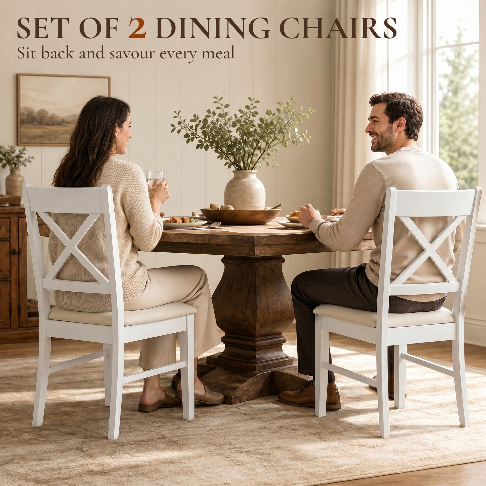 HOMCOM Dining Chairs Set of 2, Upholstered Kitchen Chairs with Rubberwood Frame, Padded Seat and X-Back, White