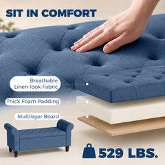 HOMCOM 47" Storage Ottoman Bench, Tufted End of Bed Bench with Rolled Arms, Safety Hinge, Wood Legs for Bedroom, Blue