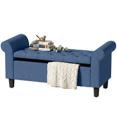 HOMCOM 47" Storage Ottoman Bench, Tufted End of Bed Bench with Rolled Arms, Safety Hinge, Wood Legs for Bedroom, Blue