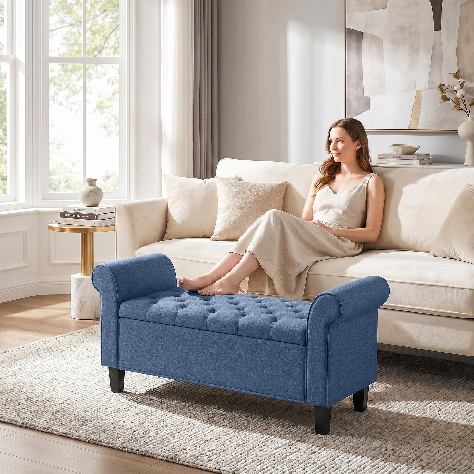 HOMCOM 47" Storage Ottoman Bench, Tufted End of Bed Bench with Rolled Arms, Safety Hinge, Wood Legs for Bedroom, Blue