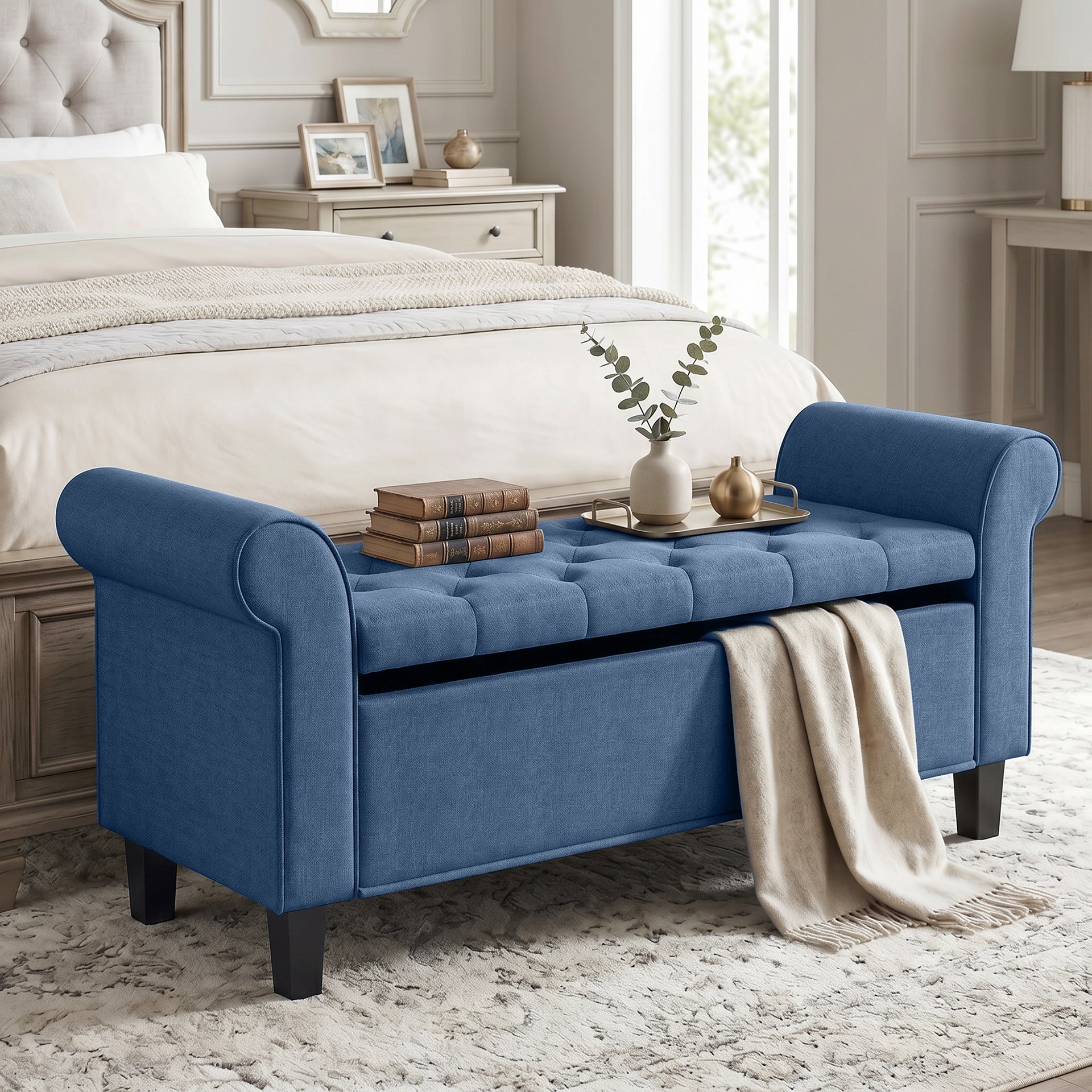HOMCOM 47" Storage Ottoman Bench, Tufted End of Bed Bench with Rolled Arms, Safety Hinge, Wood Legs for Bedroom, Blue