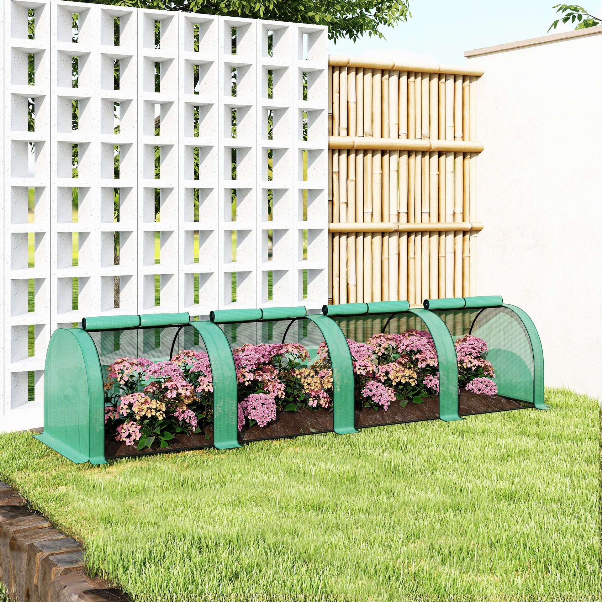 Outsunny 13' L x 3' W x 2.5' H Portable Tunneled Greenhouse with 4 Zippered Doors, Water/UV Fighting PE Cover, Green