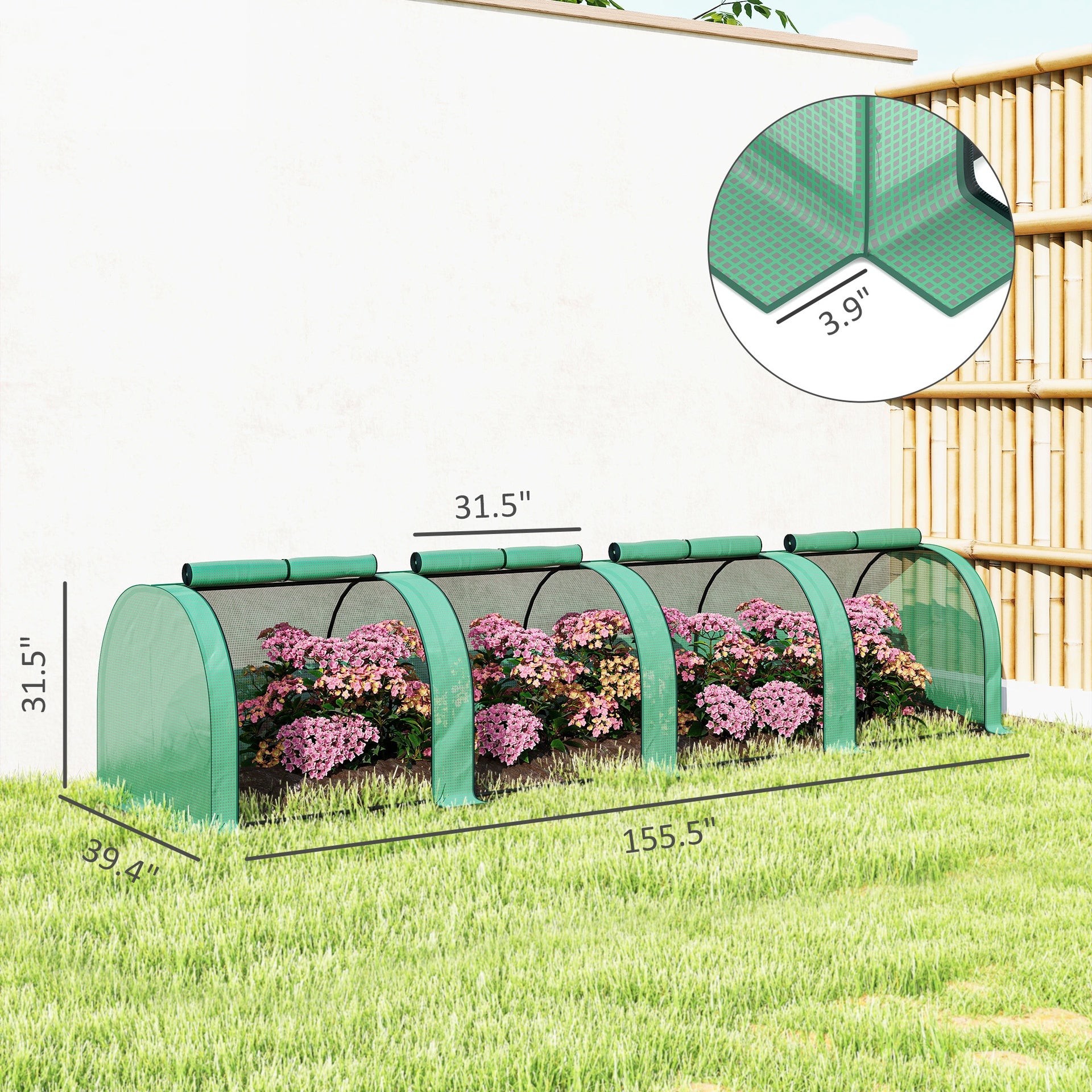 Outsunny 13' L x 3' W x 2.5' H Portable Tunneled Greenhouse with 4 Zippered Doors, Water/UV Fighting PE Cover, Green