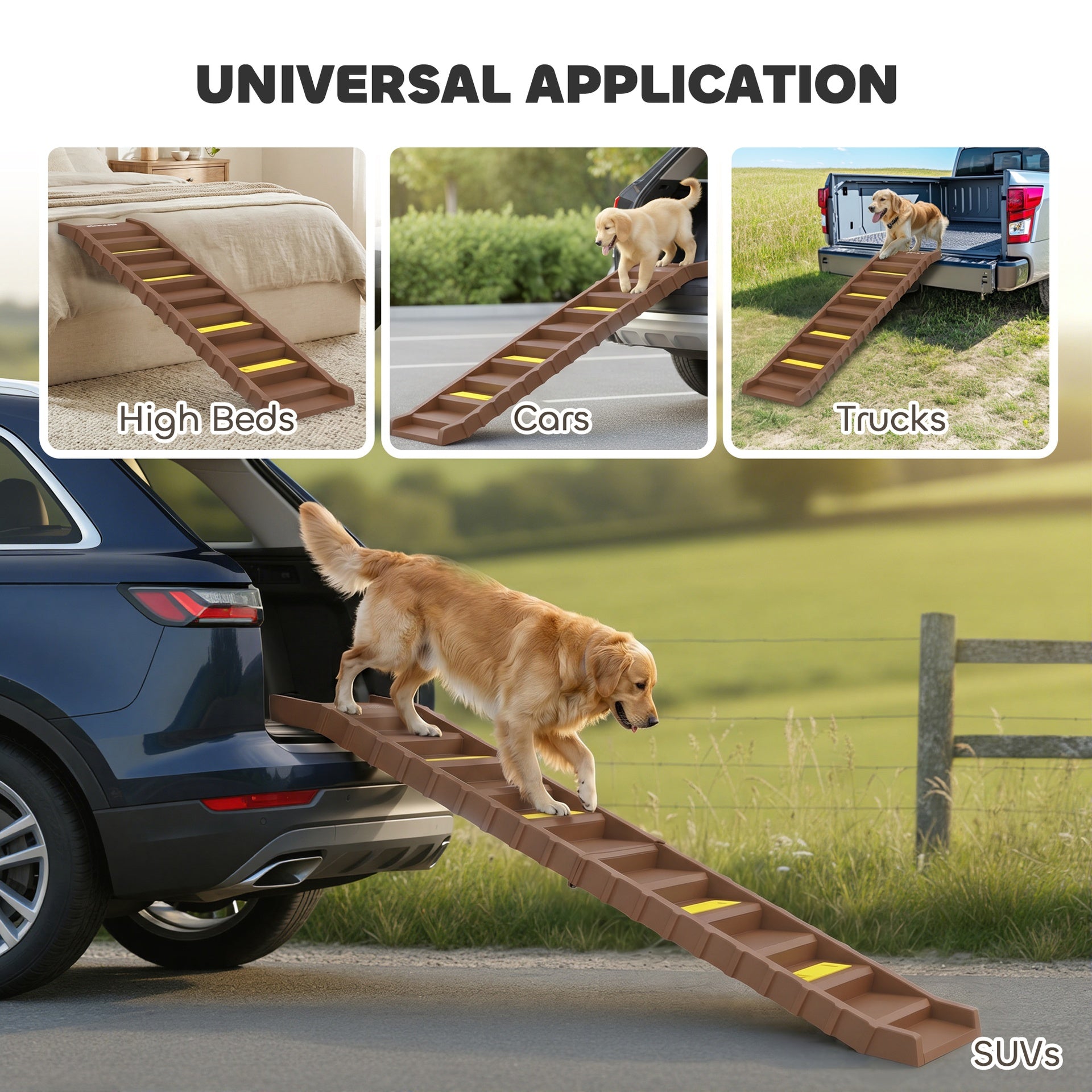 PawHut Dog Stairs for Car Truck SUV, Foldable Dog Ramp for Medium Small Dogs, Brown