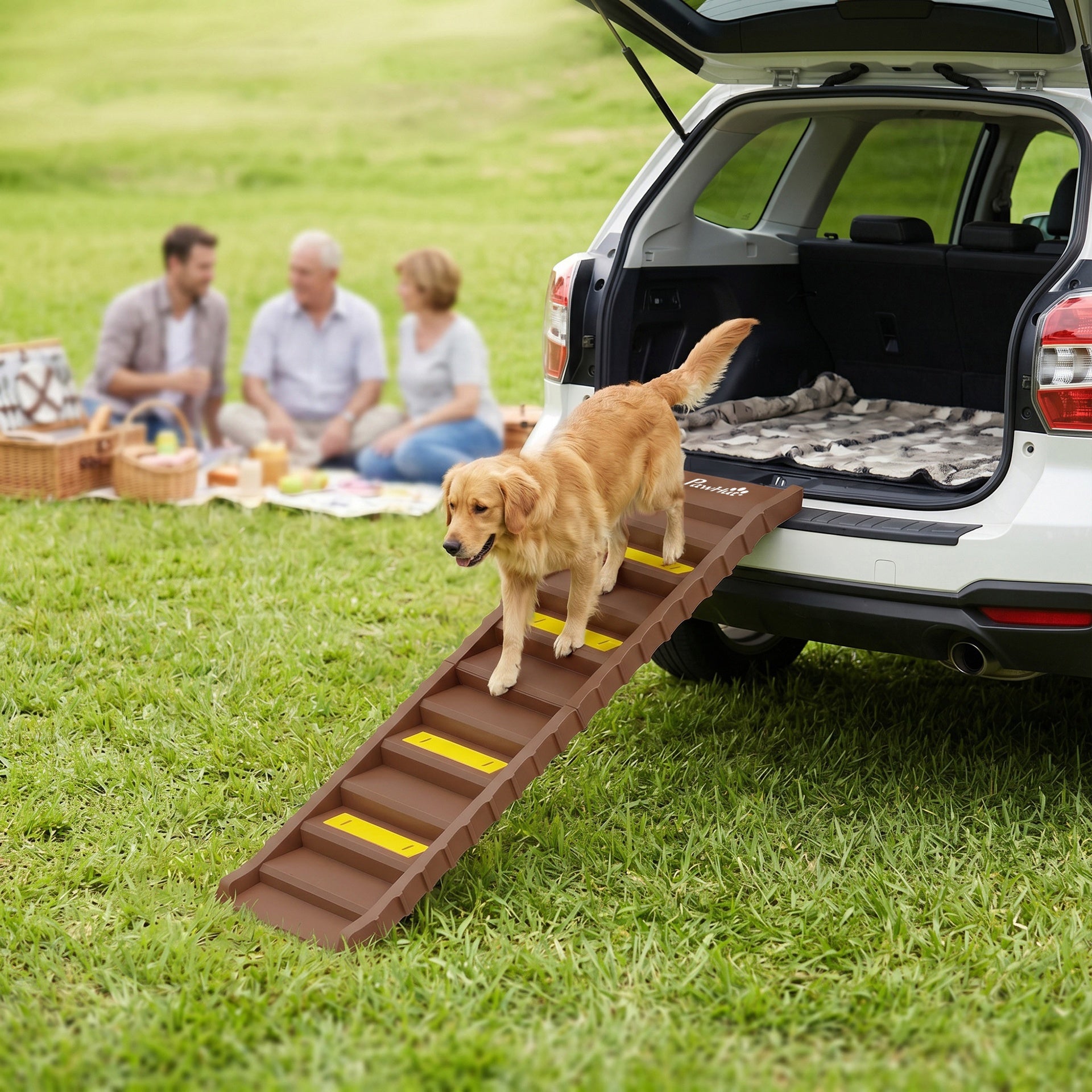 PawHut Dog Stairs for Car Truck SUV, Foldable Dog Ramp for Medium Small Dogs, Brown