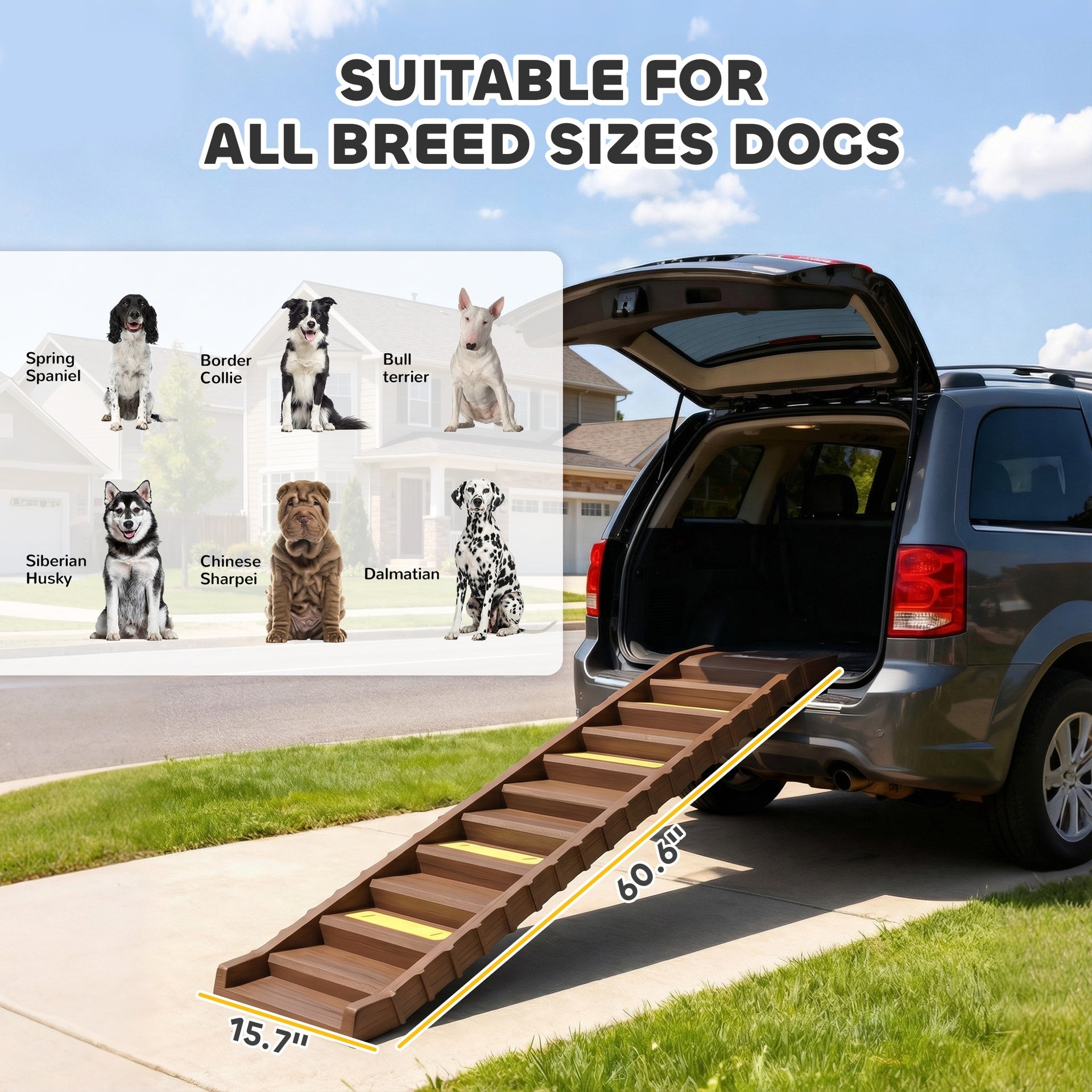 PawHut Dog Stairs for Car Truck SUV, Foldable Dog Ramp for Medium Small Dogs, Brown
