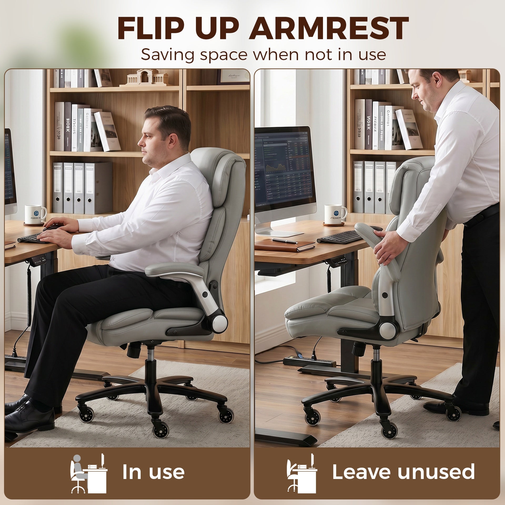 HOMCOM Big and Tall Office Chair with Airbag Lumbar Support, Pet-Friendly Fabric Desk Chair with Flip-Up Armrests, Light Gray