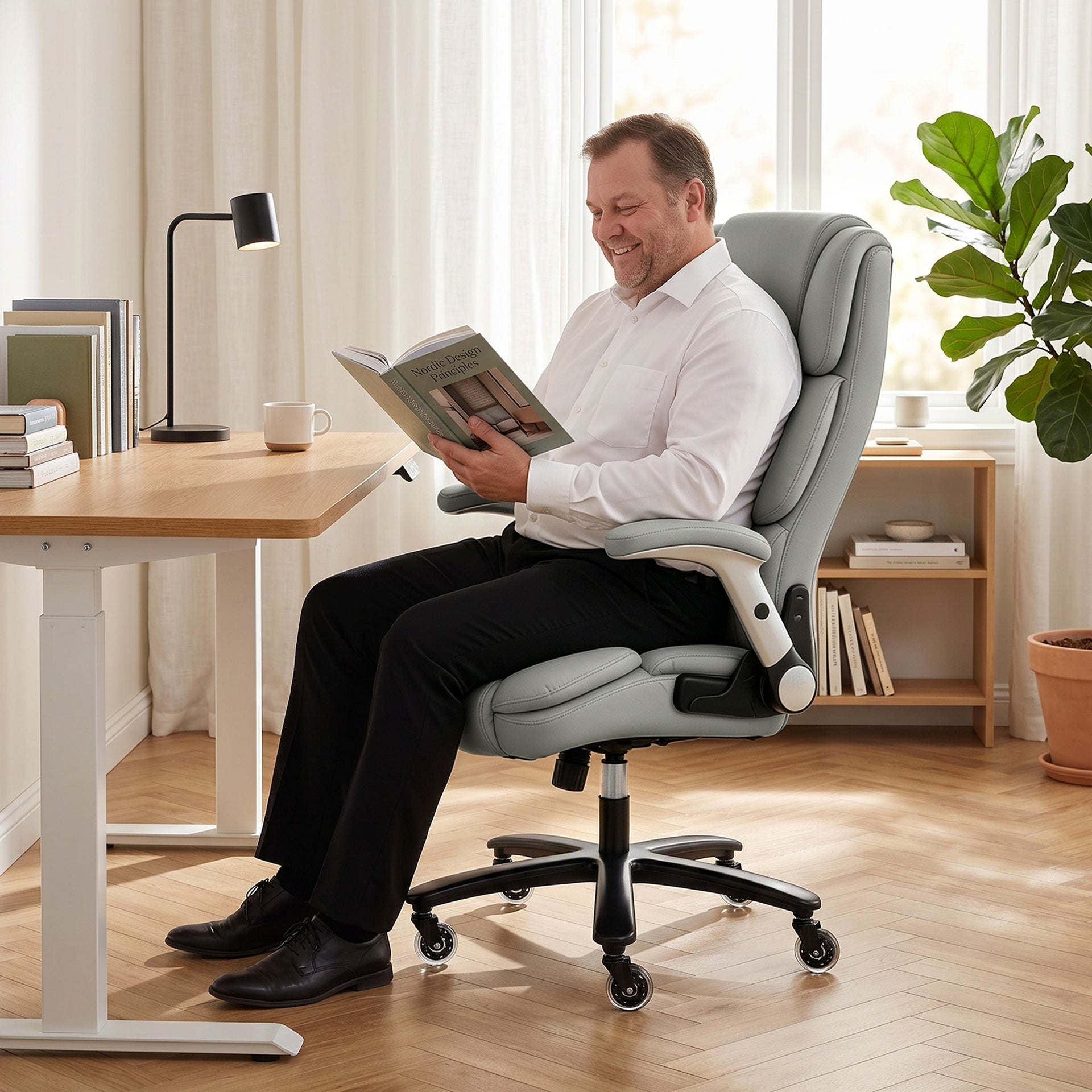 HOMCOM Big and Tall Office Chair with Airbag Lumbar Support, Pet-Friendly Fabric Desk Chair with Flip-Up Armrests, Light Gray