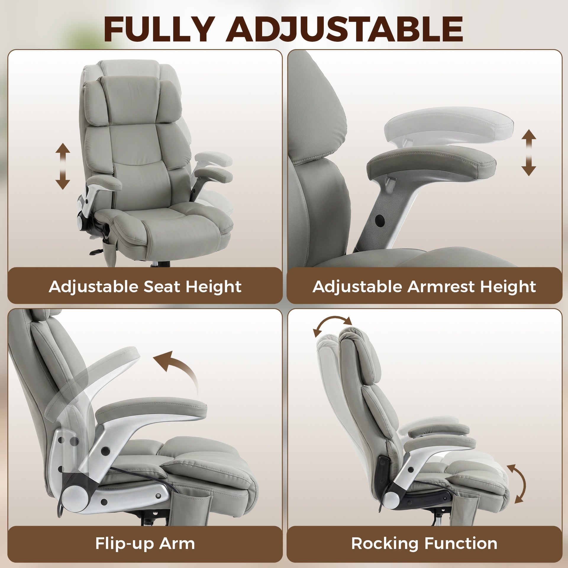 HOMCOM Big and Tall Office Chair with Airbag Lumbar Support, Pet-Friendly Fabric Desk Chair with Flip-Up Armrests, Light Gray