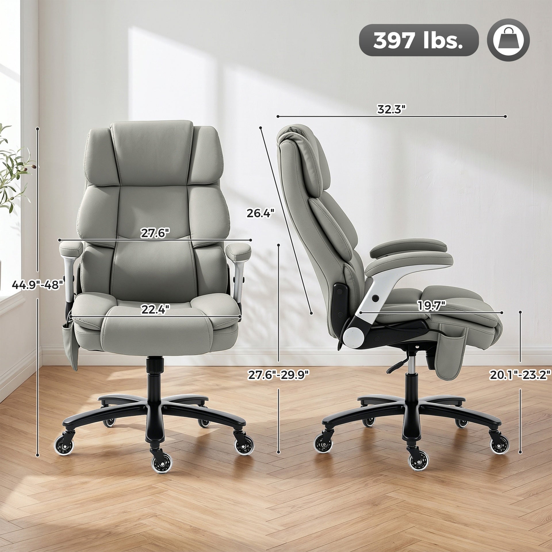 HOMCOM Big and Tall Office Chair with Airbag Lumbar Support, Pet-Friendly Fabric Desk Chair with Flip-Up Armrests, Light Gray