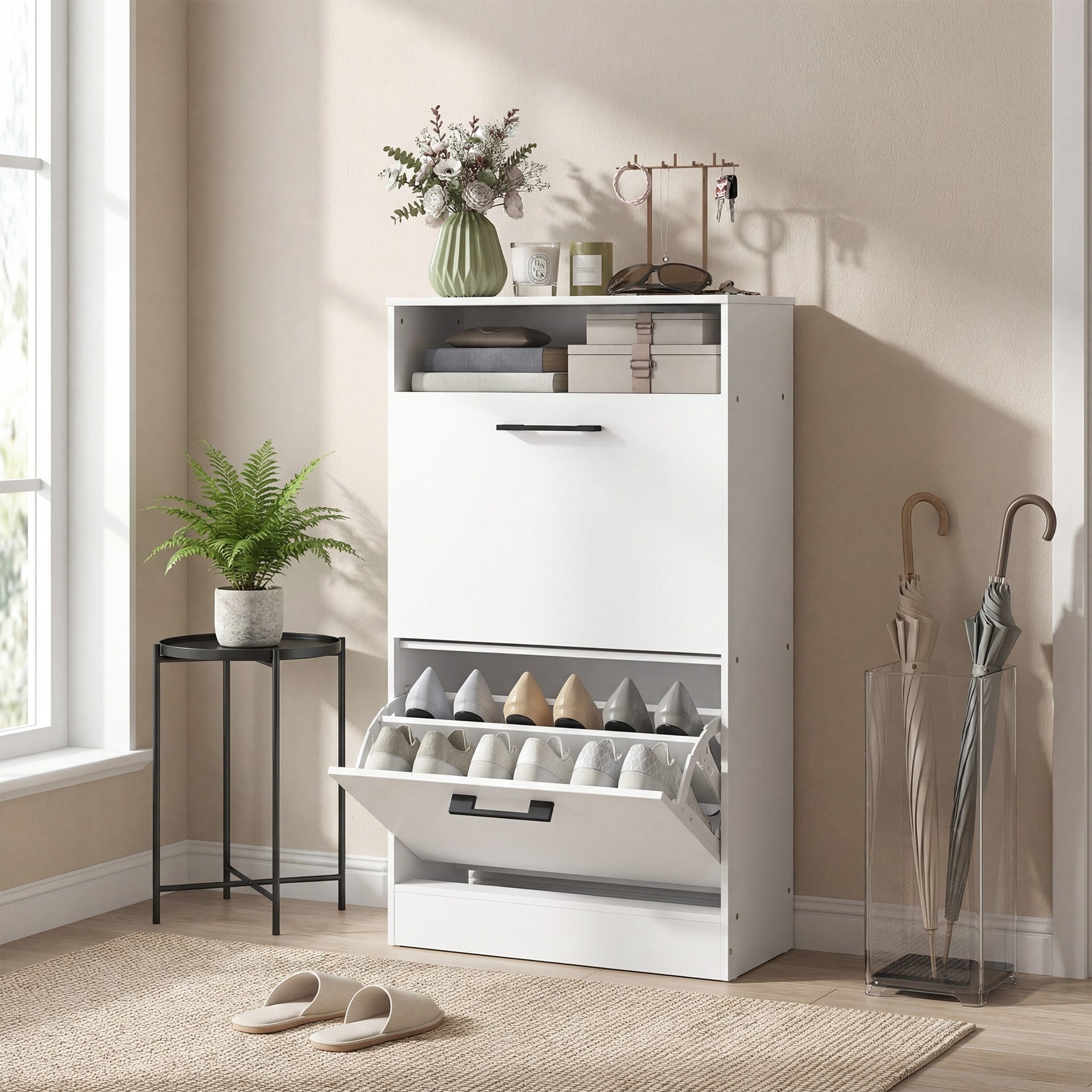 HOMCOM Shoe Cabinet 2 Flip Drawers Adjustable Dividers Shoe Storage Cabinet Top Shelf Entryway White