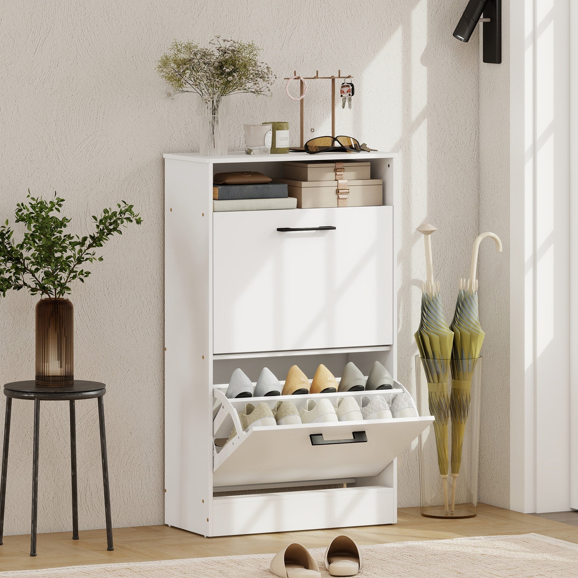 HOMCOM Shoe Cabinet 2 Flip Drawers Adjustable Dividers Shoe Storage Cabinet Top Shelf Entryway White