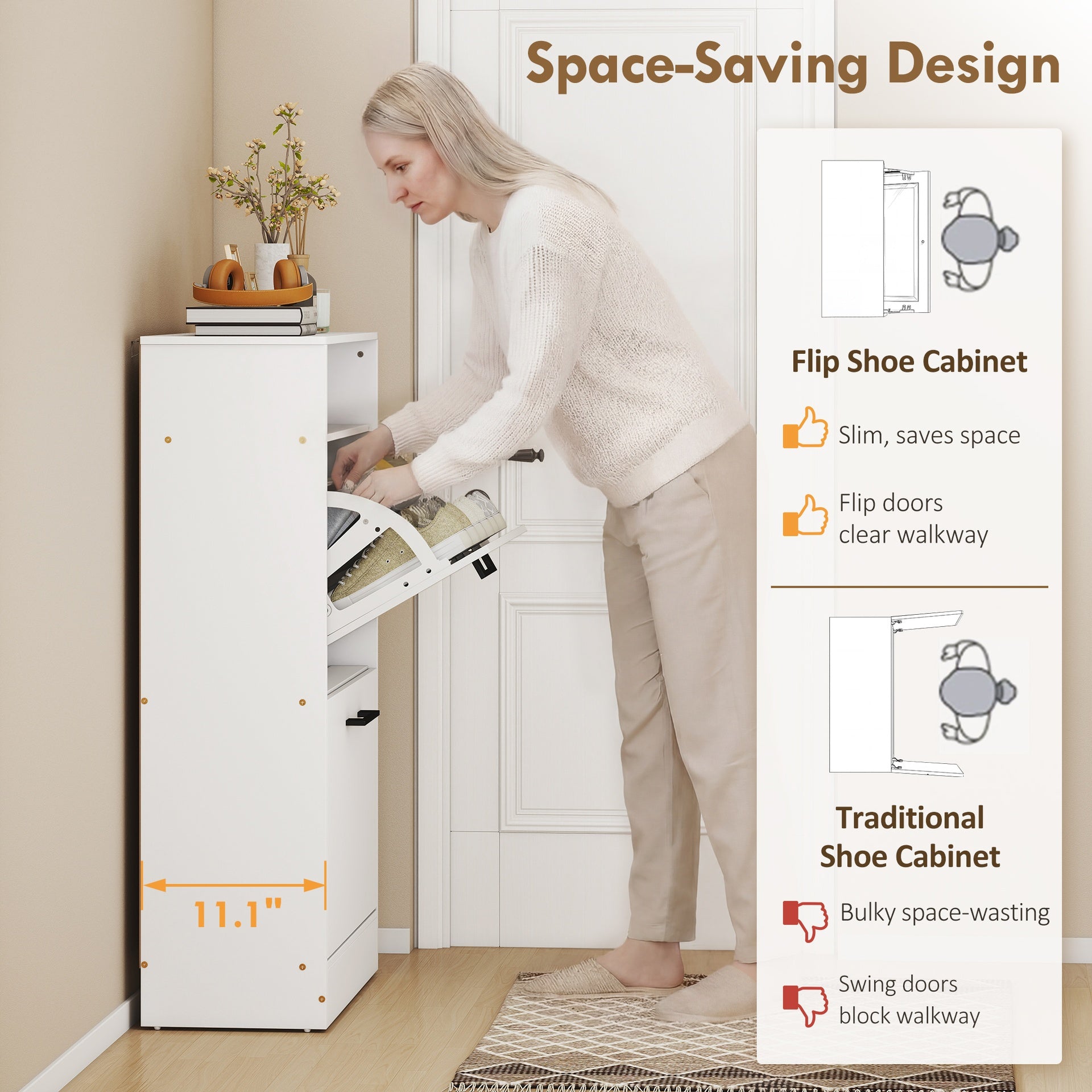 HOMCOM Shoe Cabinet 2 Flip Drawers Adjustable Dividers Shoe Storage Cabinet Top Shelf Entryway White