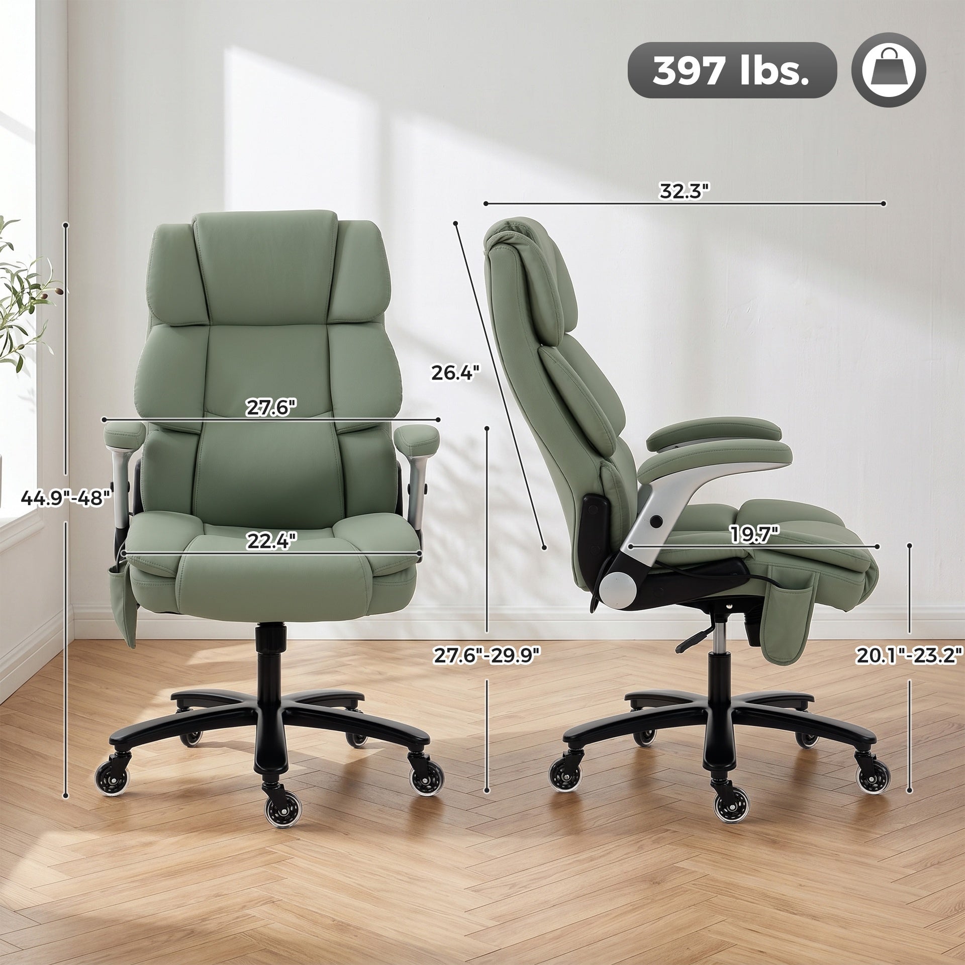 HOMCOM Big and Tall Office Chair with Airbag Lumbar Support, Pet-Friendly Fabric Desk Chair with Flip-Up Armrests, Light Green
