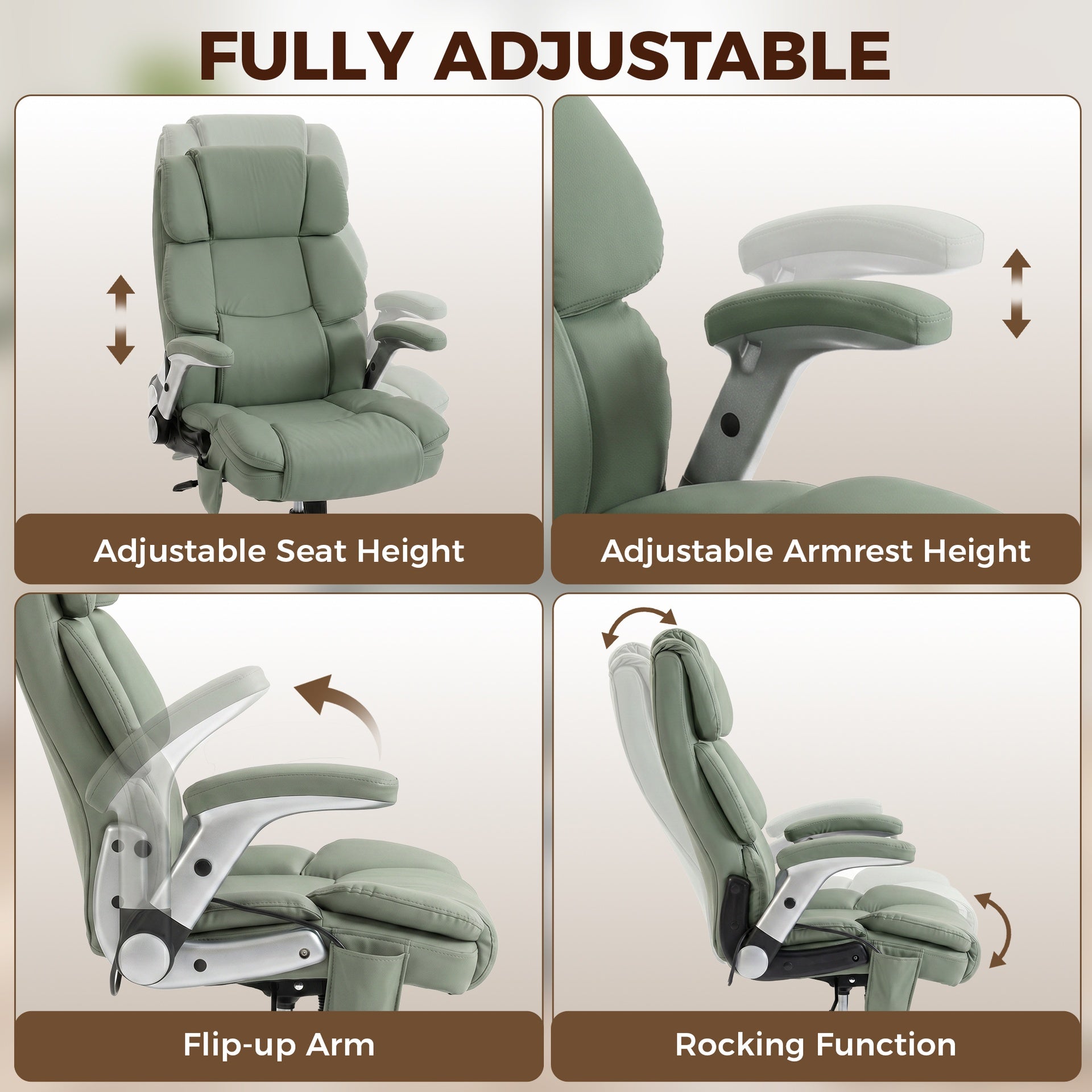 HOMCOM Big and Tall Office Chair with Airbag Lumbar Support, Pet-Friendly Fabric Desk Chair with Flip-Up Armrests, Light Green