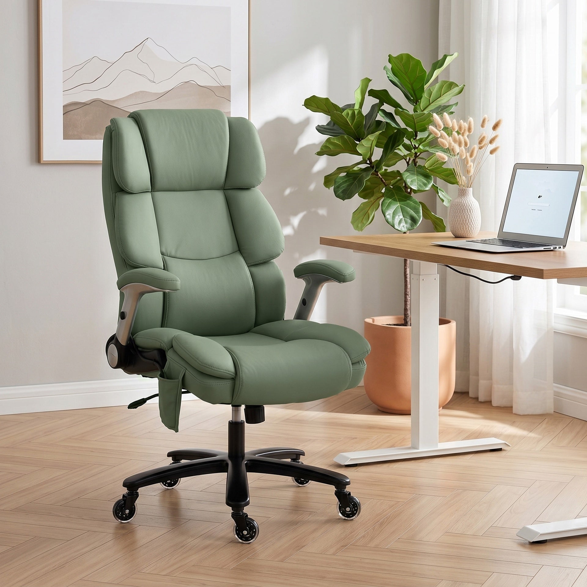 HOMCOM Big and Tall Office Chair with Airbag Lumbar Support, Pet-Friendly Fabric Desk Chair with Flip-Up Armrests, Light Green