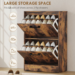 HOMCOM Shoe Cabinet 2 Flip Drawers Narrow Shoe Storage Unit Adjustable Dividers Entryway Hallway Rustic Brown