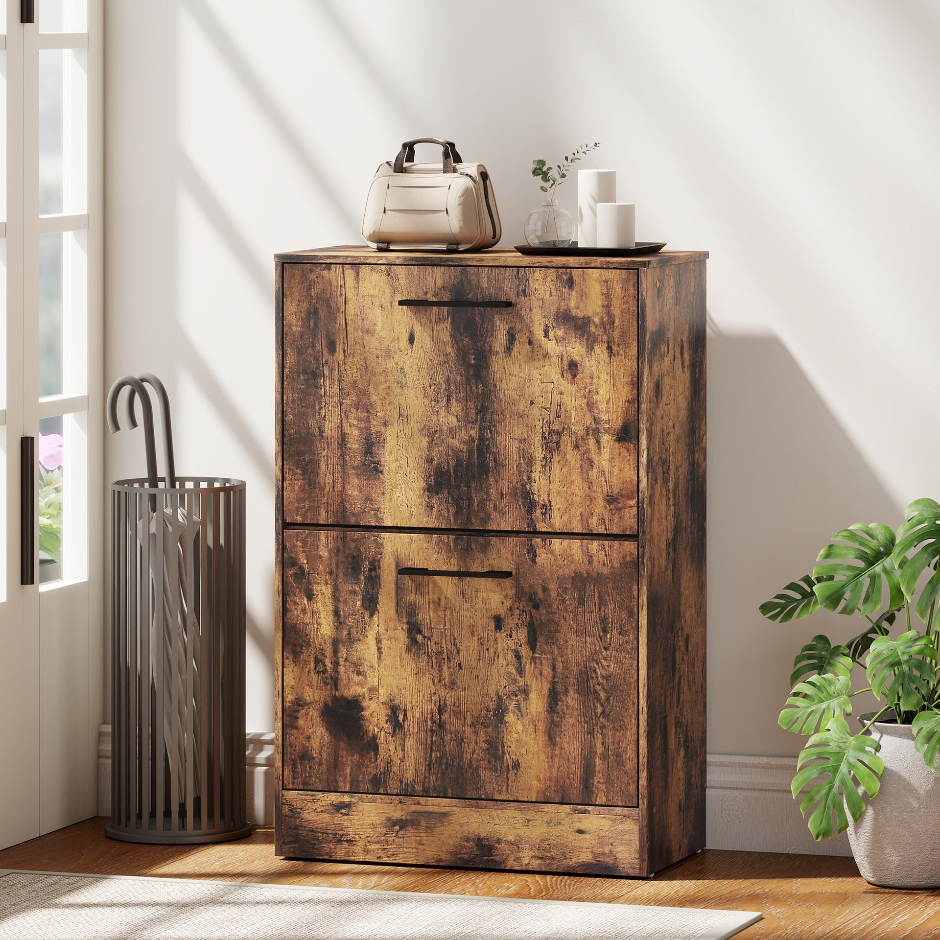 HOMCOM Shoe Cabinet 2 Flip Drawers Narrow Shoe Storage Unit Adjustable Dividers Entryway Hallway Rustic Brown