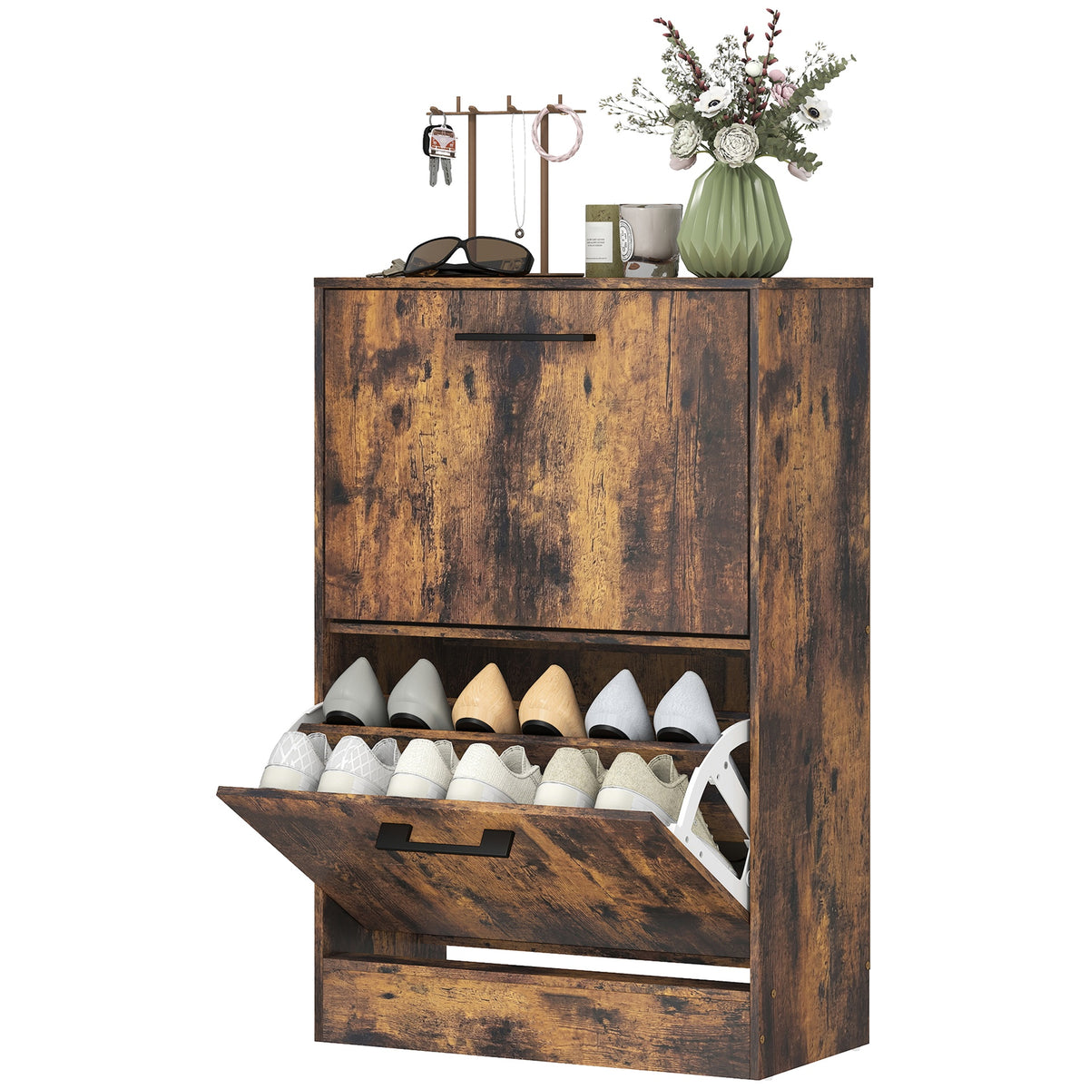 HOMCOM Shoe Cabinet 2 Flip Drawers Narrow Shoe Storage Unit Adjustable Dividers Entryway Hallway Rustic Brown