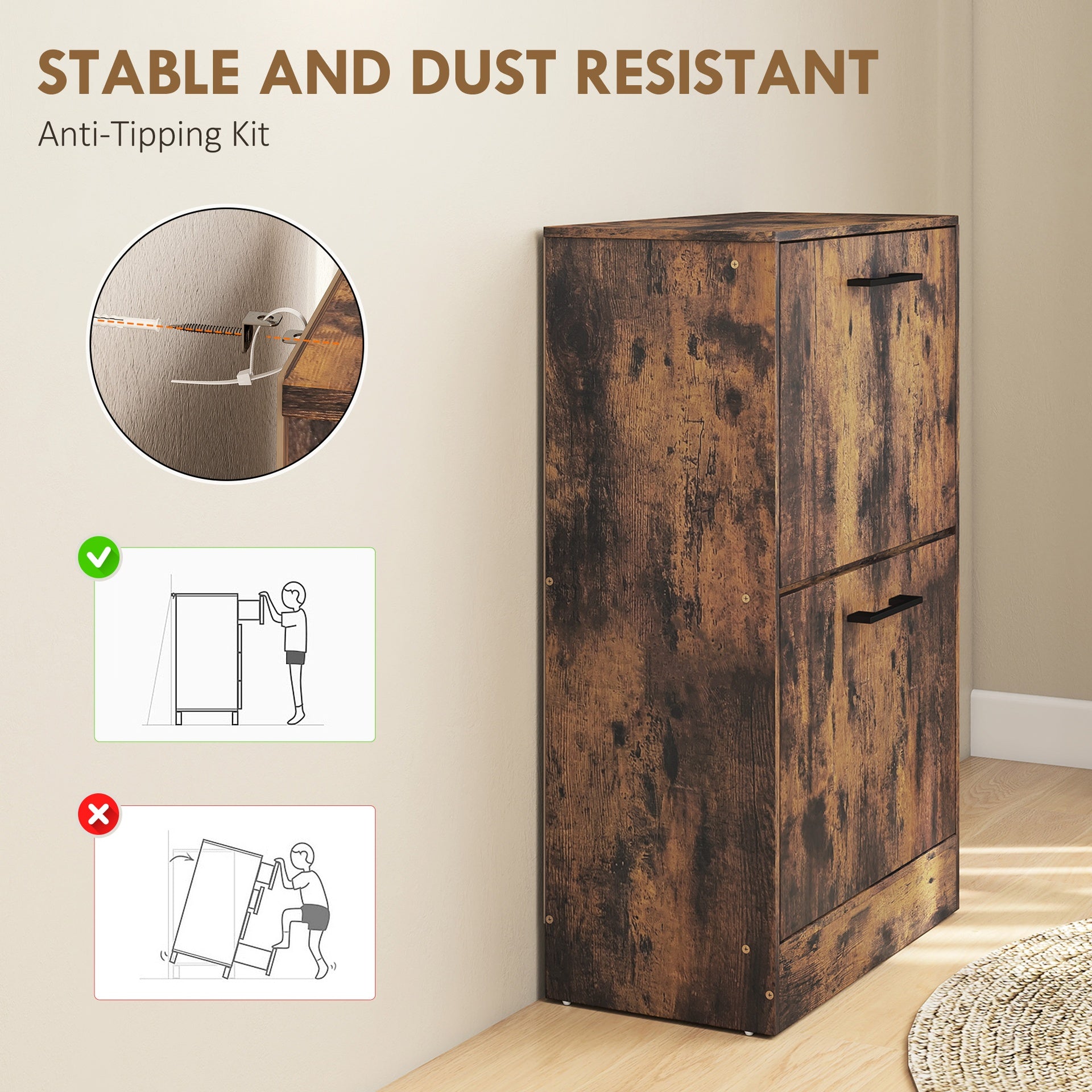 HOMCOM Shoe Cabinet 2 Flip Drawers Narrow Shoe Storage Unit Adjustable Dividers Entryway Hallway Rustic Brown