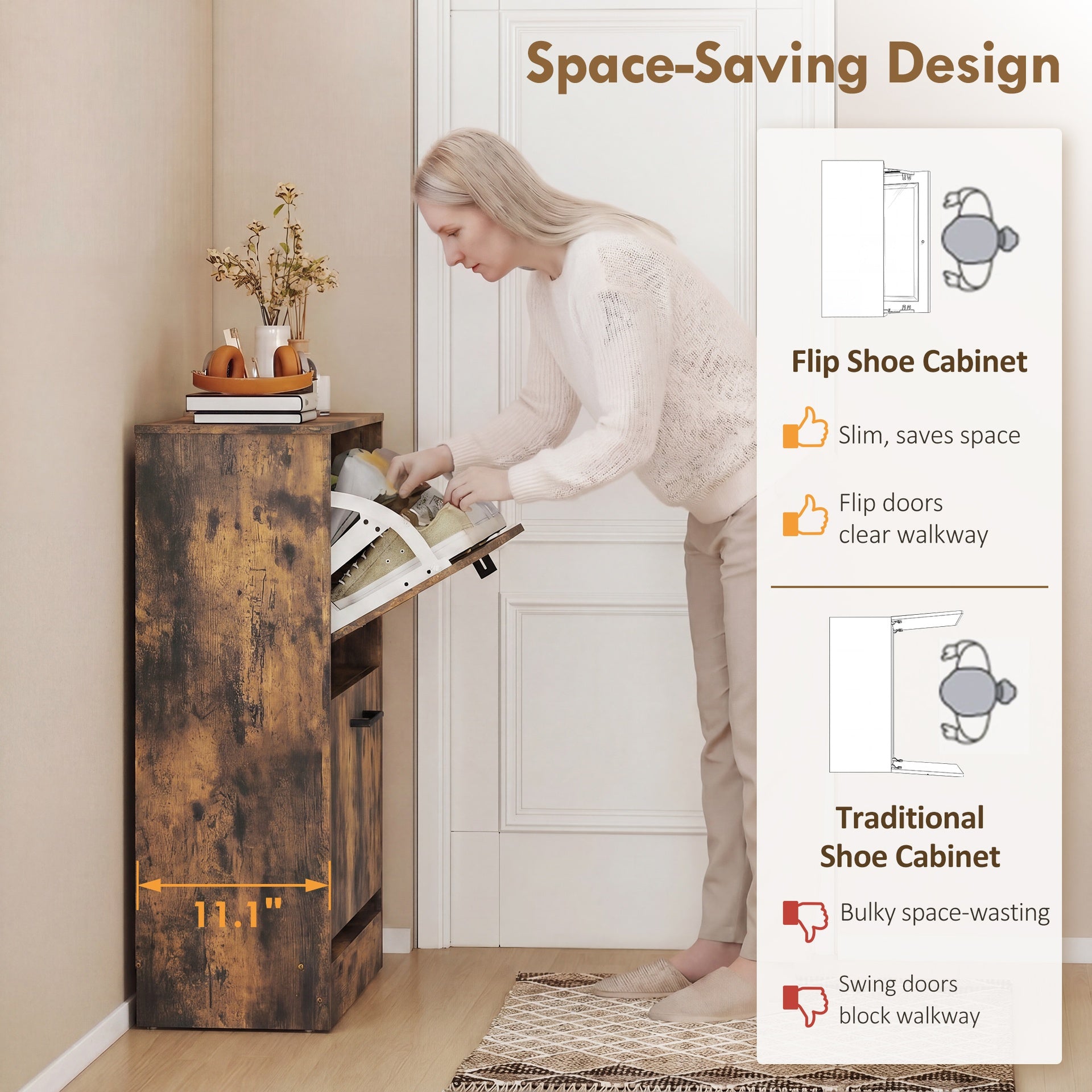 HOMCOM Shoe Cabinet 2 Flip Drawers Narrow Shoe Storage Unit Adjustable Dividers Entryway Hallway Rustic Brown