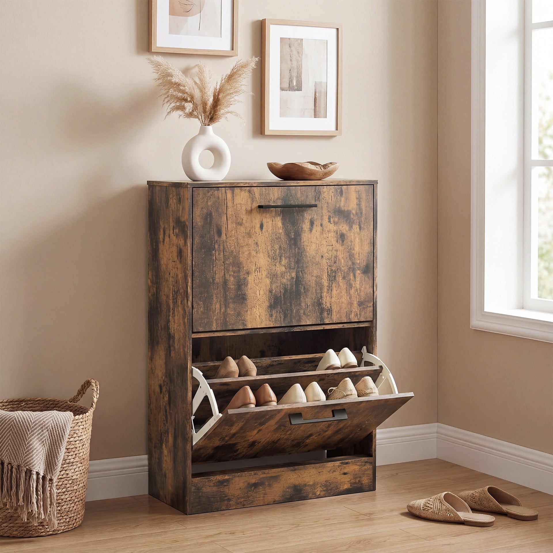 HOMCOM Shoe Cabinet 2 Flip Drawers Narrow Shoe Storage Unit Adjustable Dividers Entryway Hallway Rustic Brown