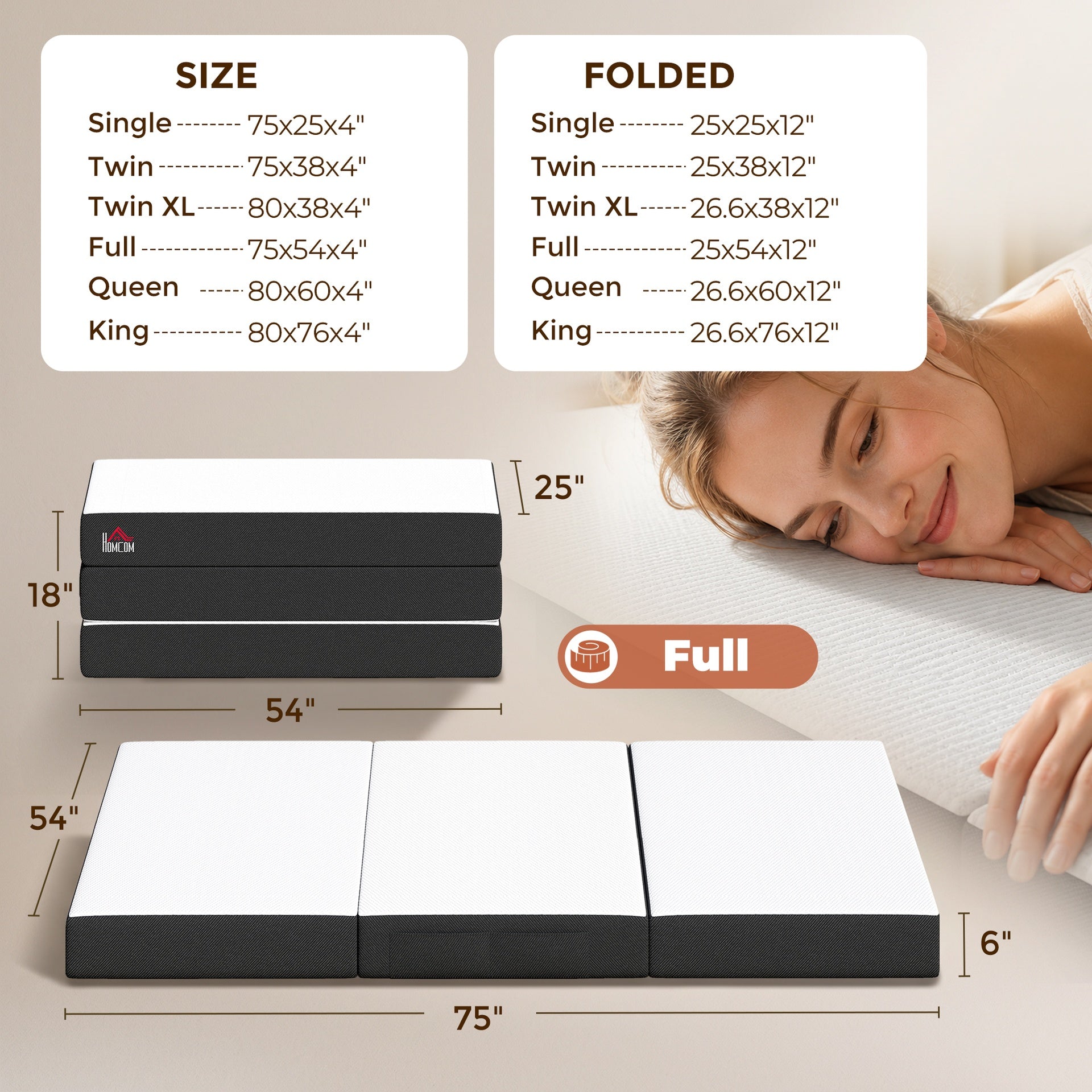 HOMCOM Trifold Mattress, 6 Inch Memory Foam Mattress for Guest, Camping, RV, Travel, Yoga, Made in USA, 75" x 54" x 6"