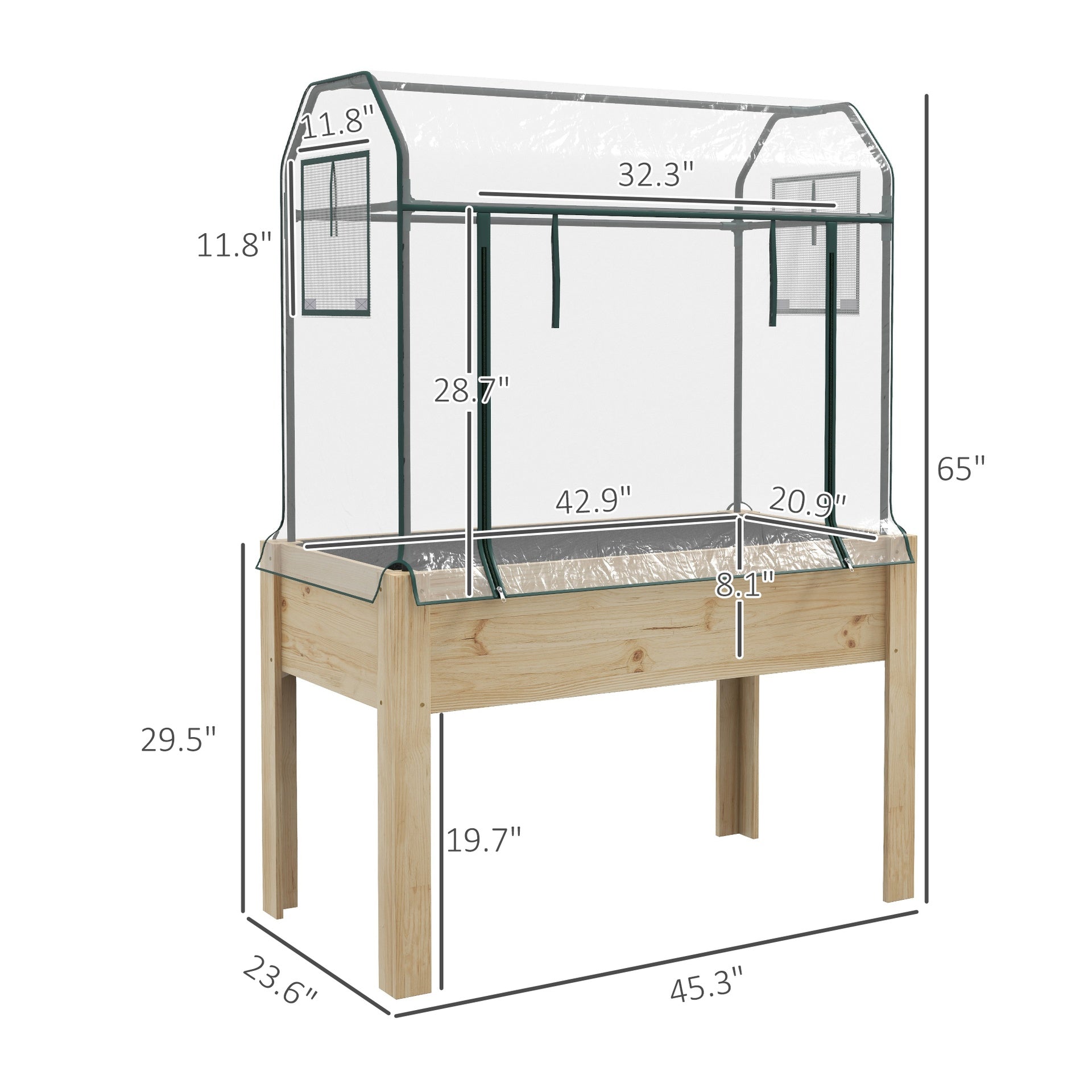 Outsunny Raised Garden Bed with Plastic Greenhouse Cover Outdoor Planter Box for Herbs and Vegetables, 45x24x65 inch Natural
