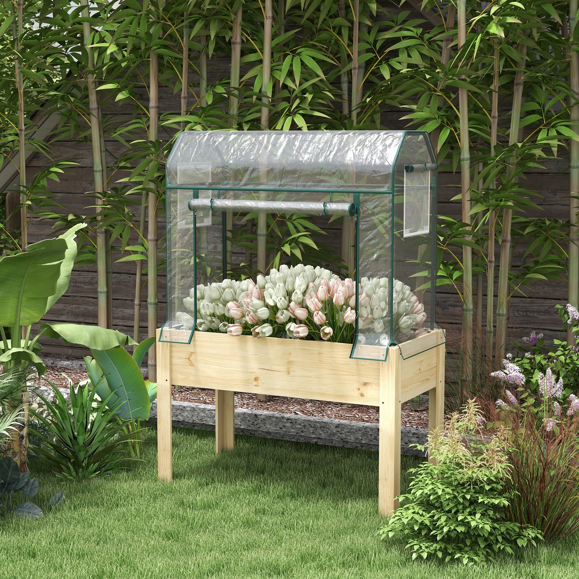 Outsunny Raised Garden Bed with Plastic Greenhouse Cover Outdoor Planter Box for Herbs and Vegetables, 45x24x65 inch Natural