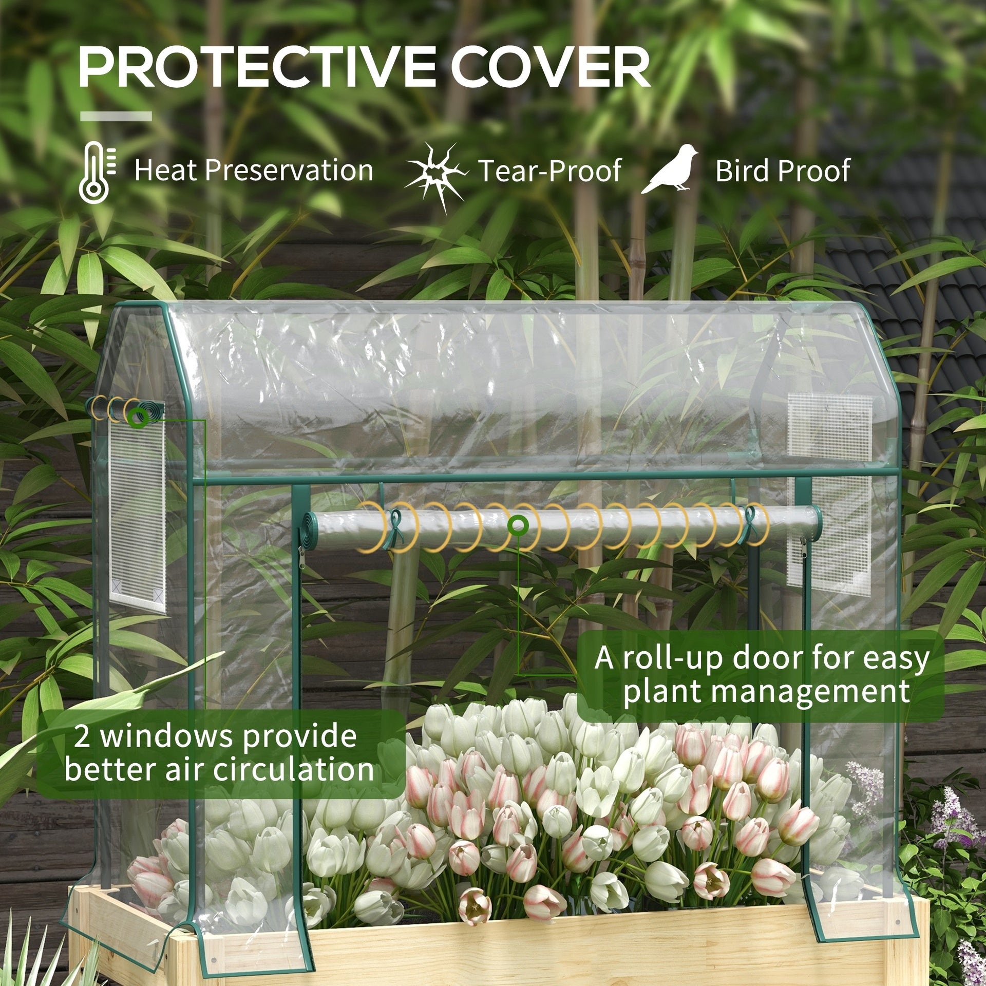 Outsunny Raised Garden Bed with Plastic Greenhouse Cover Outdoor Planter Box for Herbs and Vegetables, 45x24x65 inch Natural