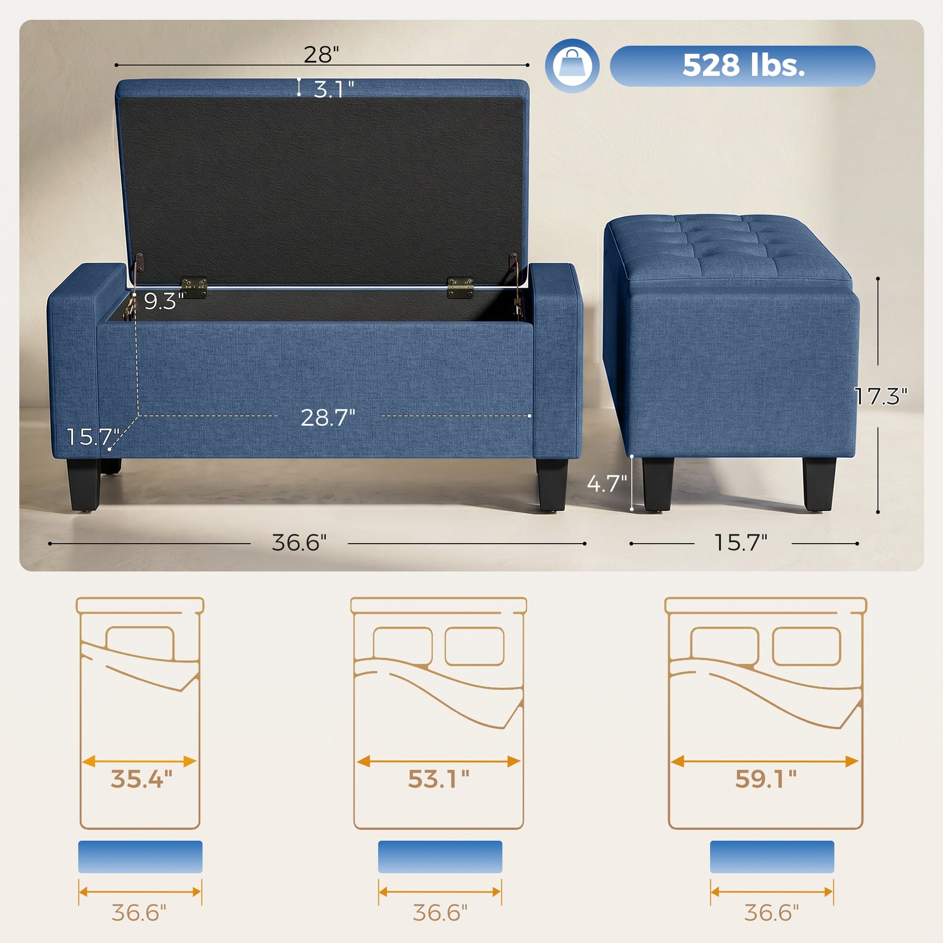 HOMCOM Storage Ottoman, Storage Bench with Wooden Legs, Tufted Armrests for Entryway, Living Room, Bedroom, 36.6", Blue