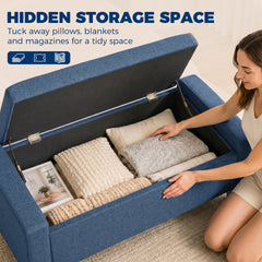 HOMCOM Storage Ottoman, Storage Bench with Wooden Legs, Tufted Armrests for Entryway, Living Room, Bedroom, 36.6", Blue