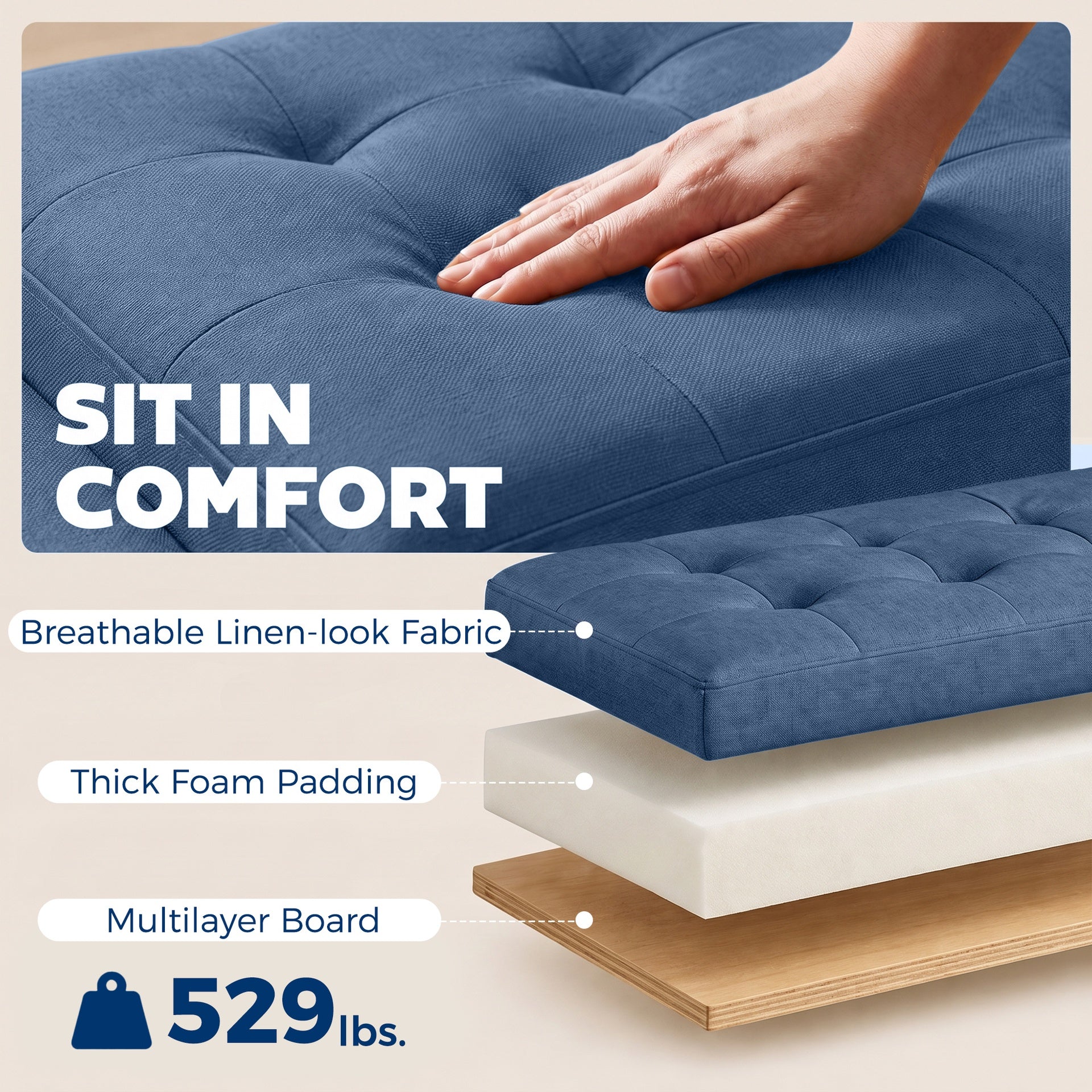 HOMCOM Storage Ottoman, Storage Bench with Wooden Legs, Tufted Armrests for Entryway, Living Room, Bedroom, 36.6", Blue