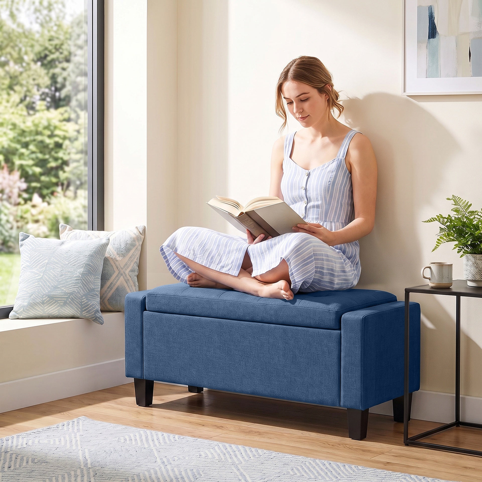 HOMCOM Storage Ottoman, Storage Bench with Wooden Legs, Tufted Armrests for Entryway, Living Room, Bedroom, 36.6", Blue