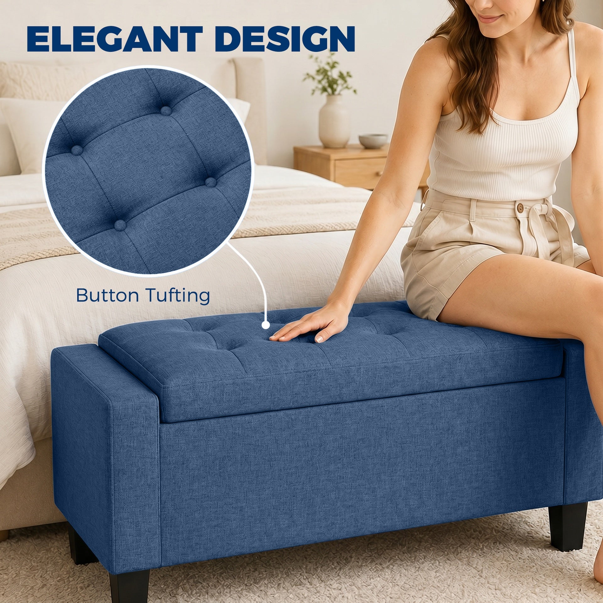 HOMCOM Storage Ottoman, Storage Bench with Wooden Legs, Tufted Armrests for Entryway, Living Room, Bedroom, 36.6", Blue