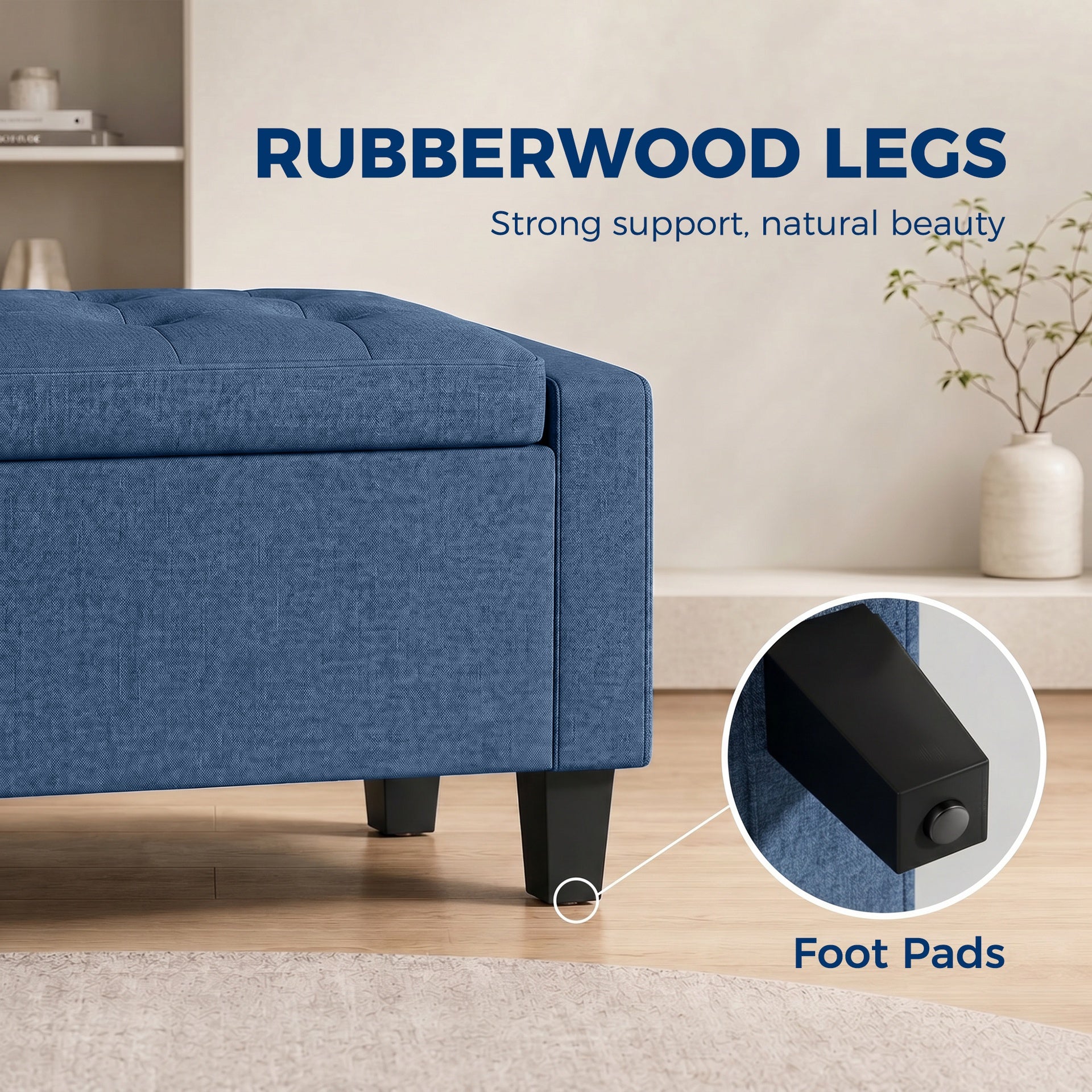 HOMCOM Storage Ottoman, Storage Bench with Wooden Legs, Tufted Armrests for Entryway, Living Room, Bedroom, 36.6", Blue