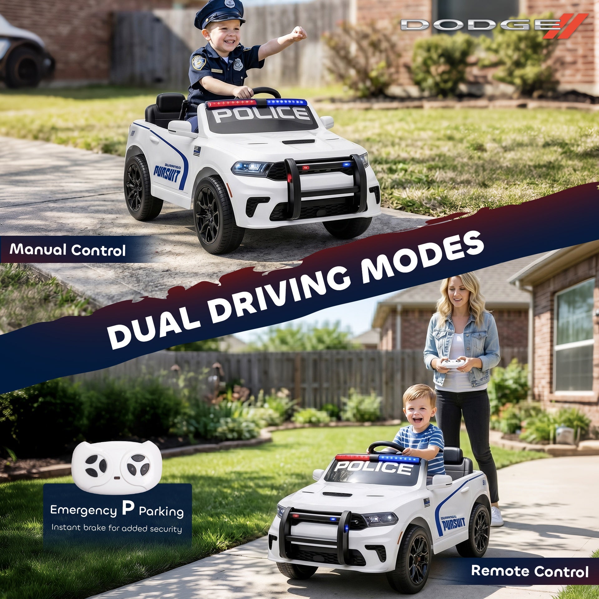Qaba Licensed Dodge Ride On Police Car for Kids with 2 Seater, Remote, Suspension, Flashing Lights, Siren for Ages 3-6, White