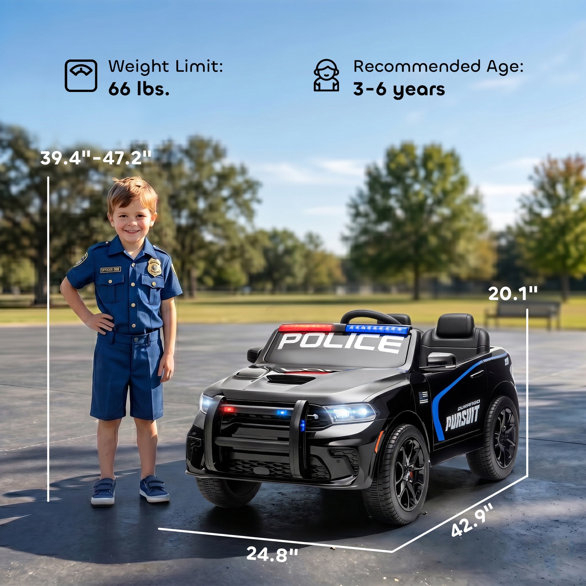 Qaba Licensed Dodge Ride On Police Car for Kids with 2 Seater, Remote, Suspension, Flashing Lights, Siren for Ages 3-6, Black