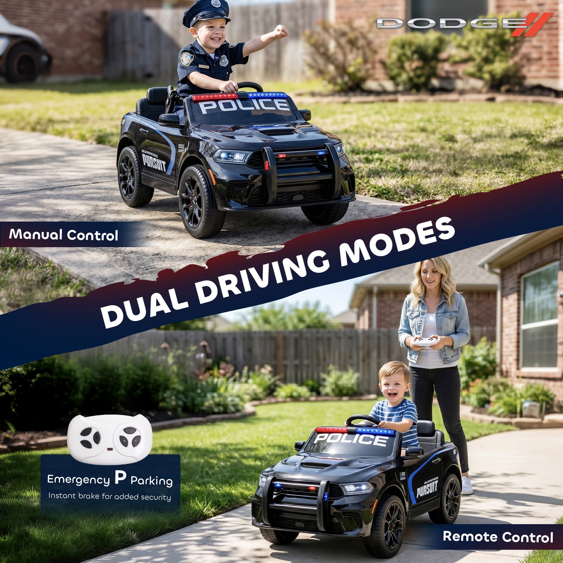 Qaba Licensed Dodge Ride On Police Car for Kids with 2 Seater, Remote, Suspension, Flashing Lights, Siren for Ages 3-6, Black
