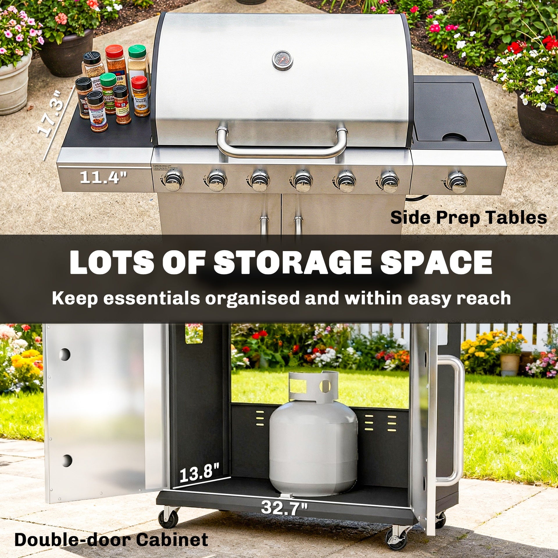 Outsunny 6 Burner Propane Gas Grill with Side Burner, Barbecue Grill with Cast Iron Grates, Wheels, Side Tables, Cabinet