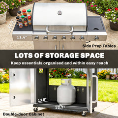 Outsunny 6 Burner Propane Gas Grill with Side Burner, Barbecue Grill with Cast Iron Grates, Wheels, Side Tables, Cabinet