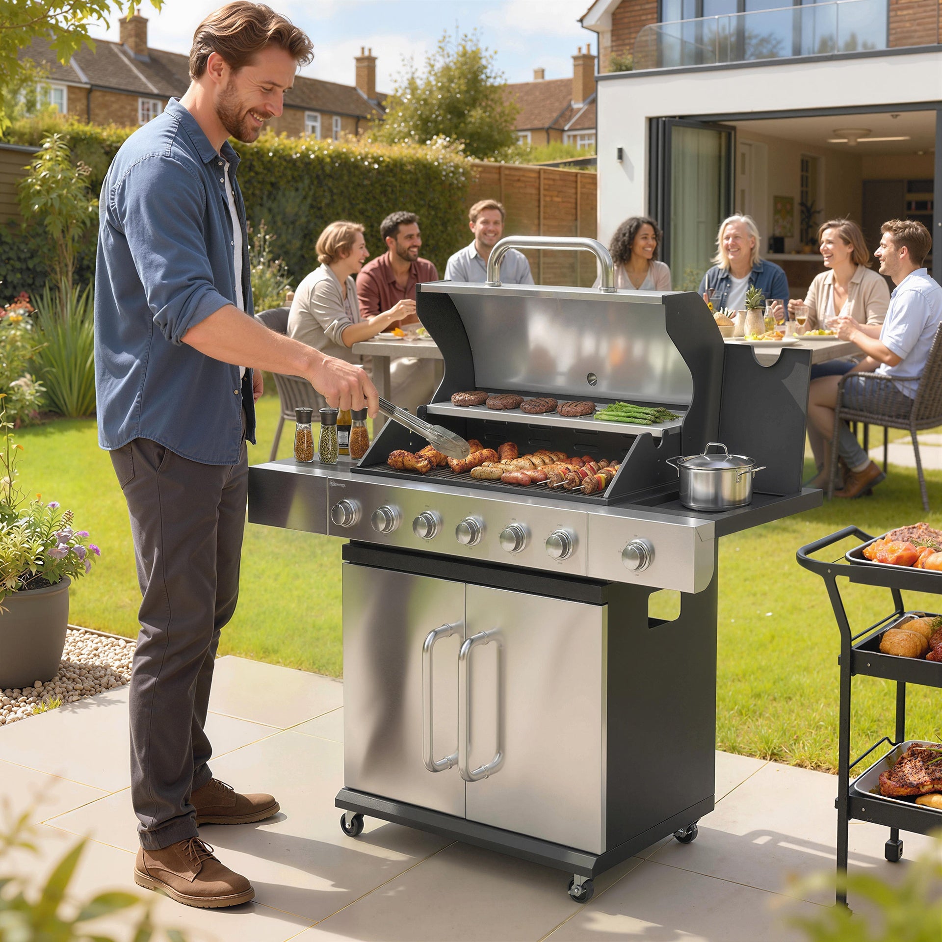 Outsunny 6 Burner Propane Gas Grill with Side Burner, Barbecue Grill with Cast Iron Grates, Wheels, Side Tables, Cabinet