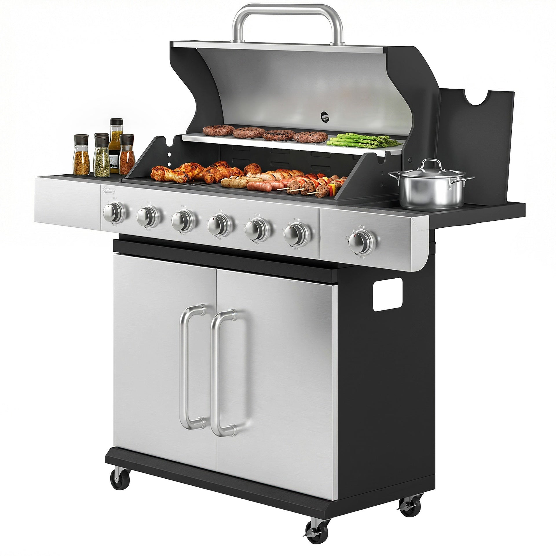 Outsunny 6 Burner Propane Gas Grill with Side Burner, Barbecue Grill with Cast Iron Grates, Wheels, Side Tables, Cabinet