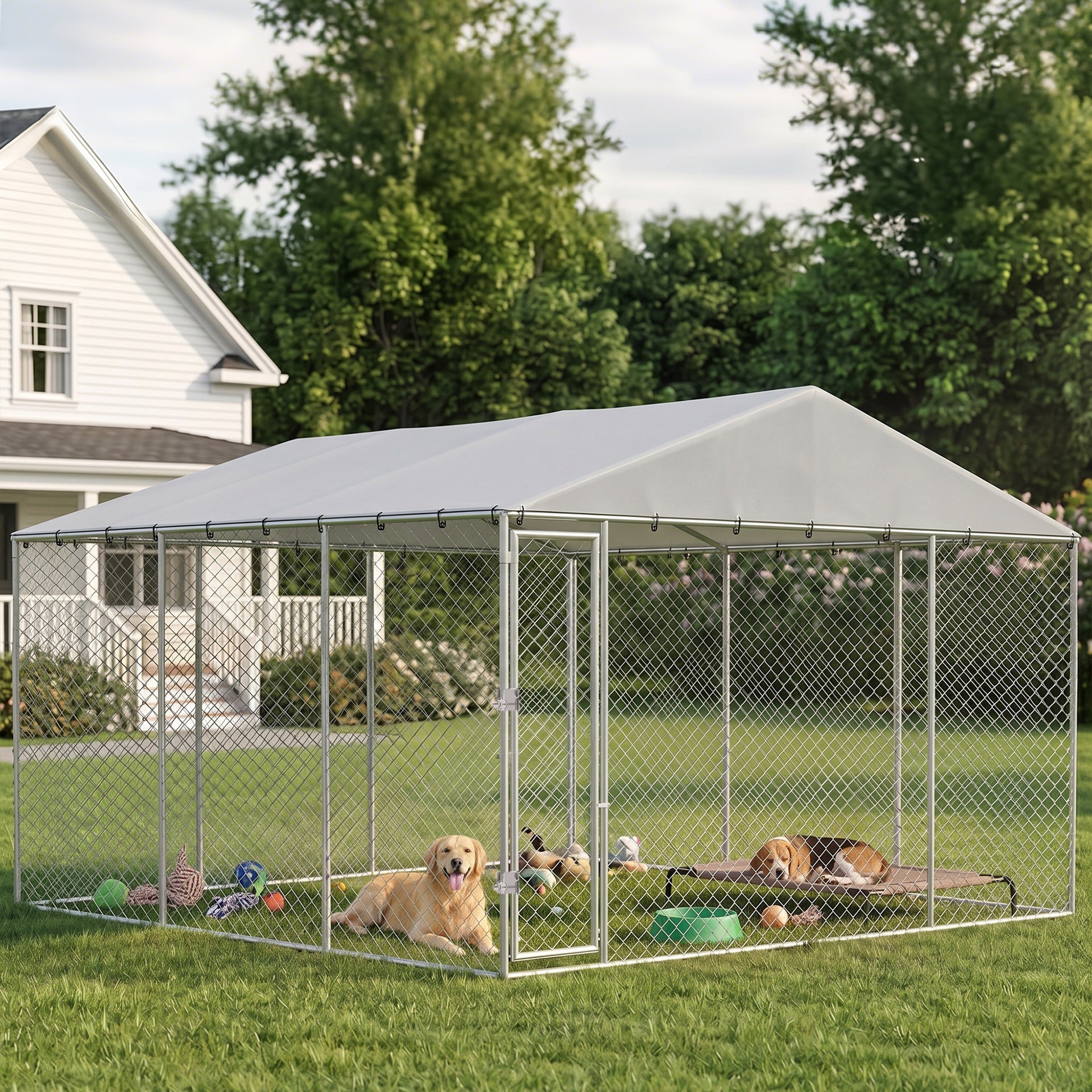 PawHut 13' x 13' x 6.5' Dog Kennel Outdoor for Small Medium Dogs with Waterproof Roof, Silver