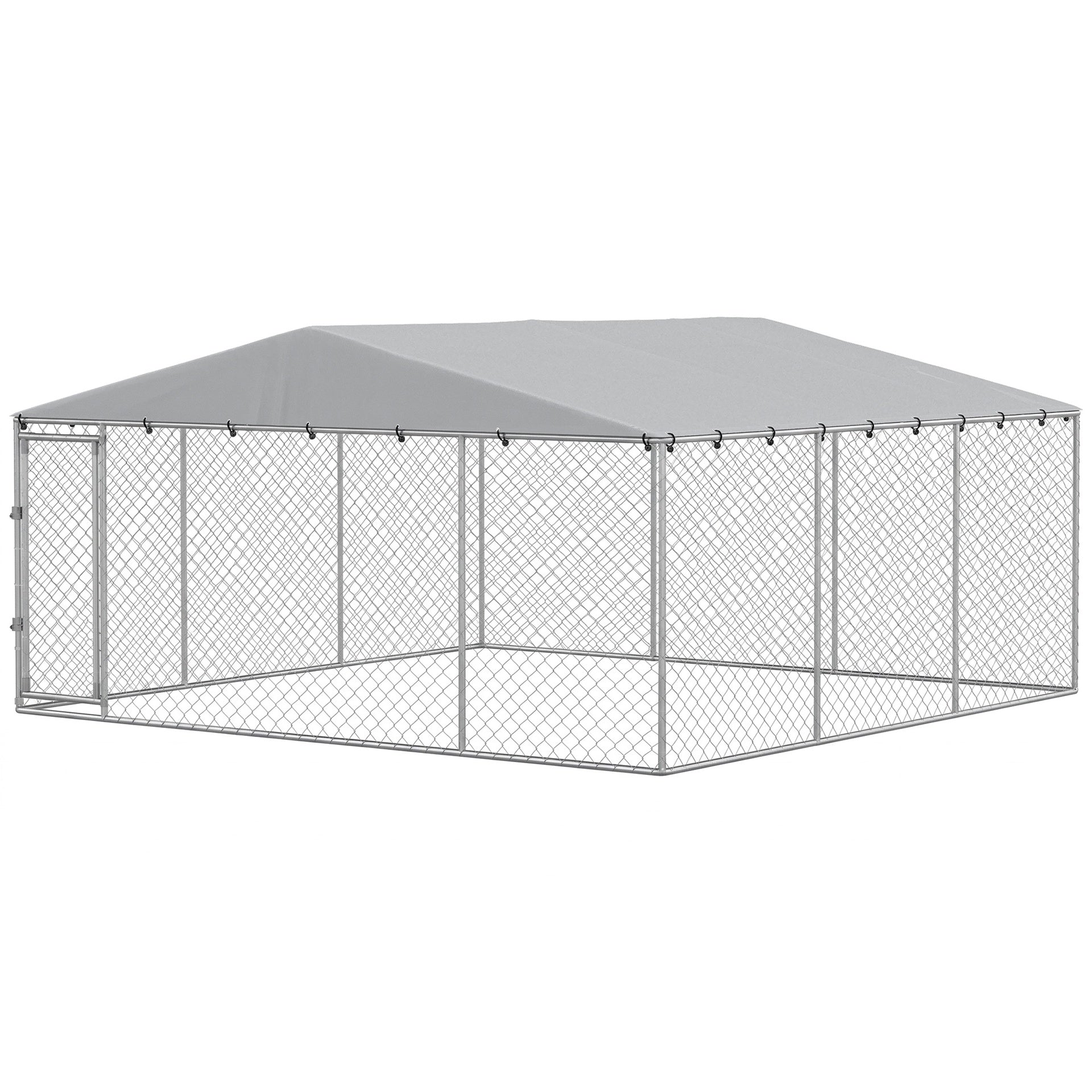 PawHut 13' x 13' x 6.5' Dog Kennel Outdoor for Small Medium Dogs with Waterproof Roof, Silver