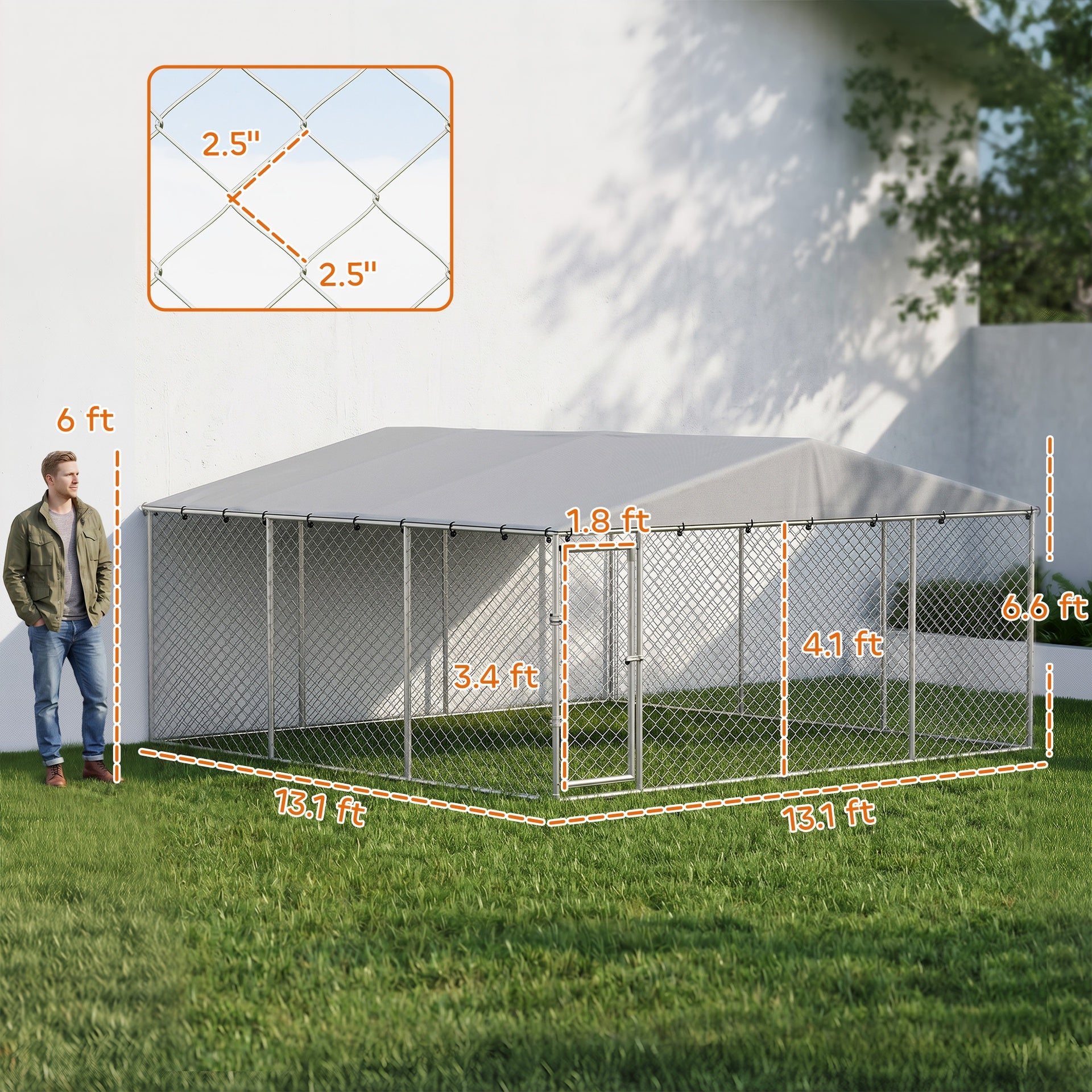 PawHut 13' x 13' x 6.5' Dog Kennel Outdoor for Small Medium Dogs with Waterproof Roof, Silver
