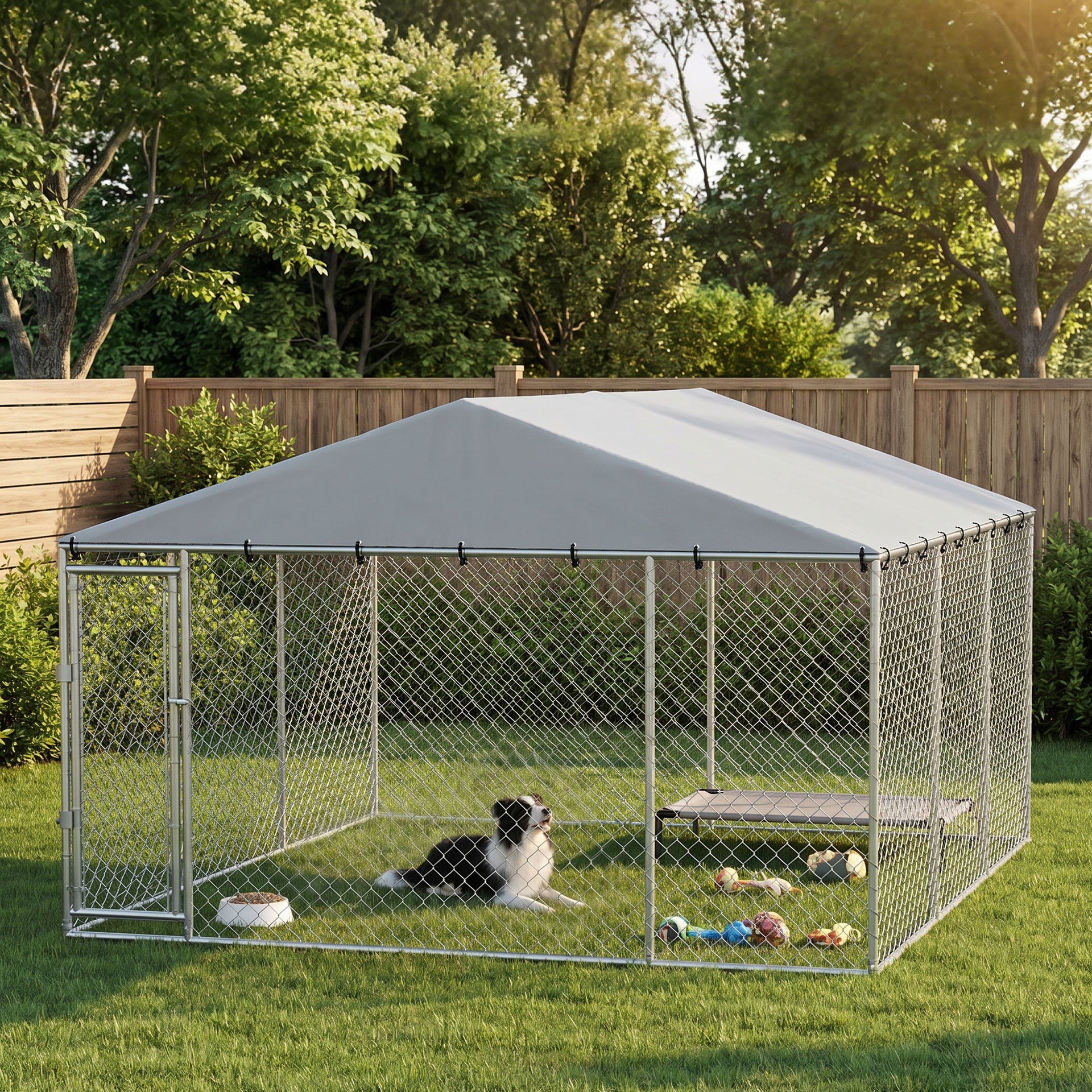 PawHut 13' x 13' x 6.5' Dog Kennel Outdoor for Small Medium Dogs with Waterproof Roof, Silver